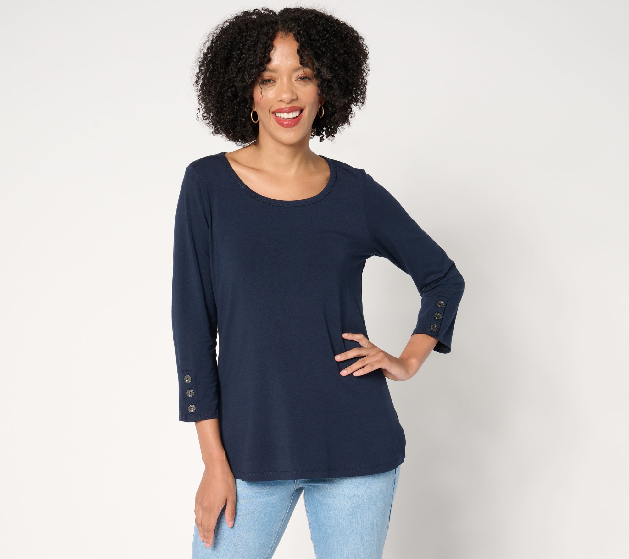 "As Is" Susan Graver Weekend Comfy Cotton 3/4-Slv Top w/ Button Detail