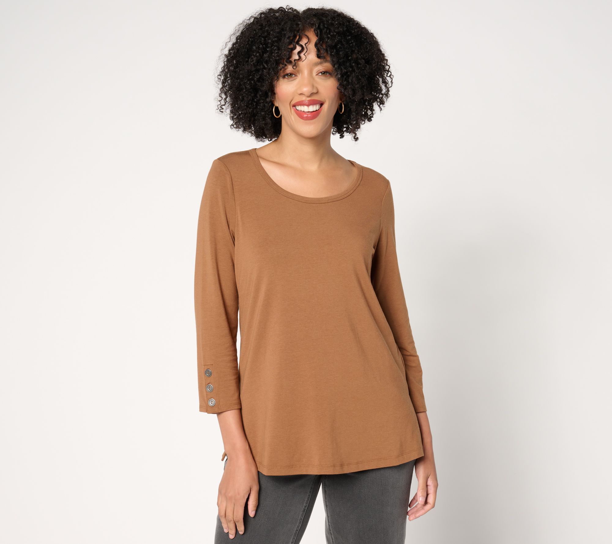 "As Is" Susan Graver Weekend Comfy Cotton 3/4-Slv Top w/ Button Detail