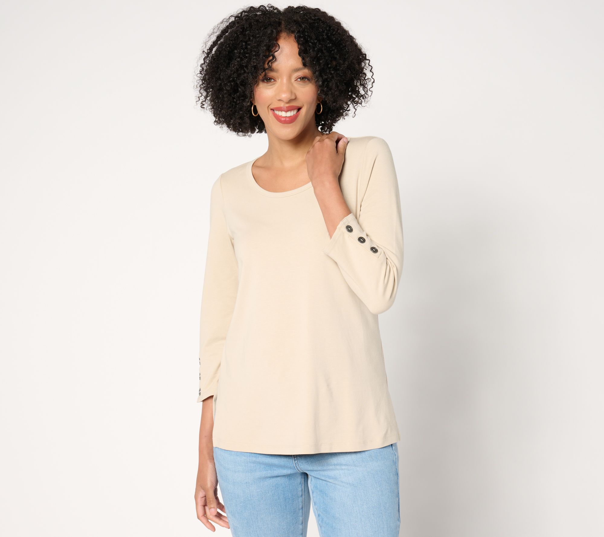 "As Is" Susan Graver Weekend Comfy Cotton 3/4-Slv Top w/ Button Detail