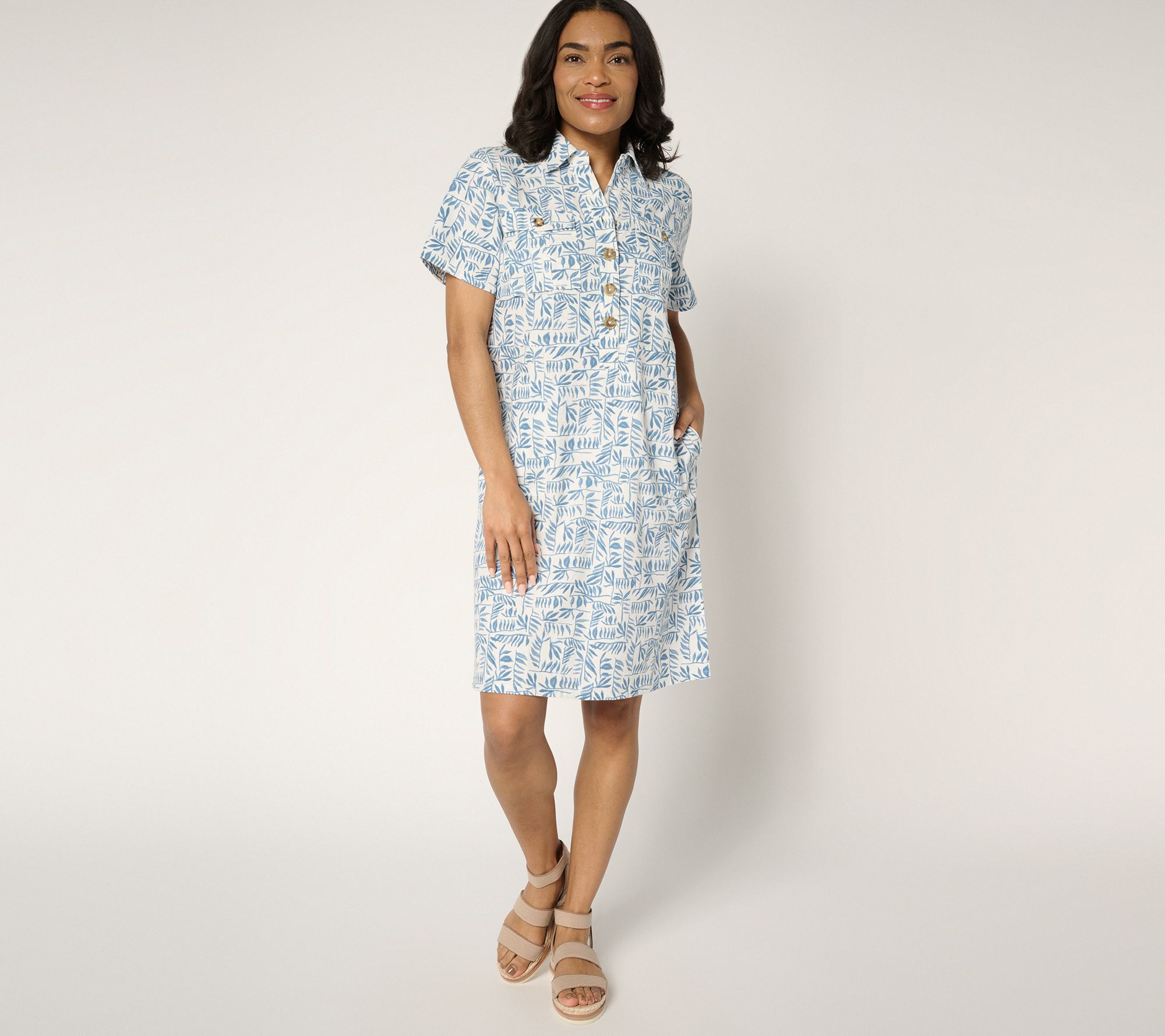 Denim & Co. Regular Linen Blend Print or Solid Henley Dress