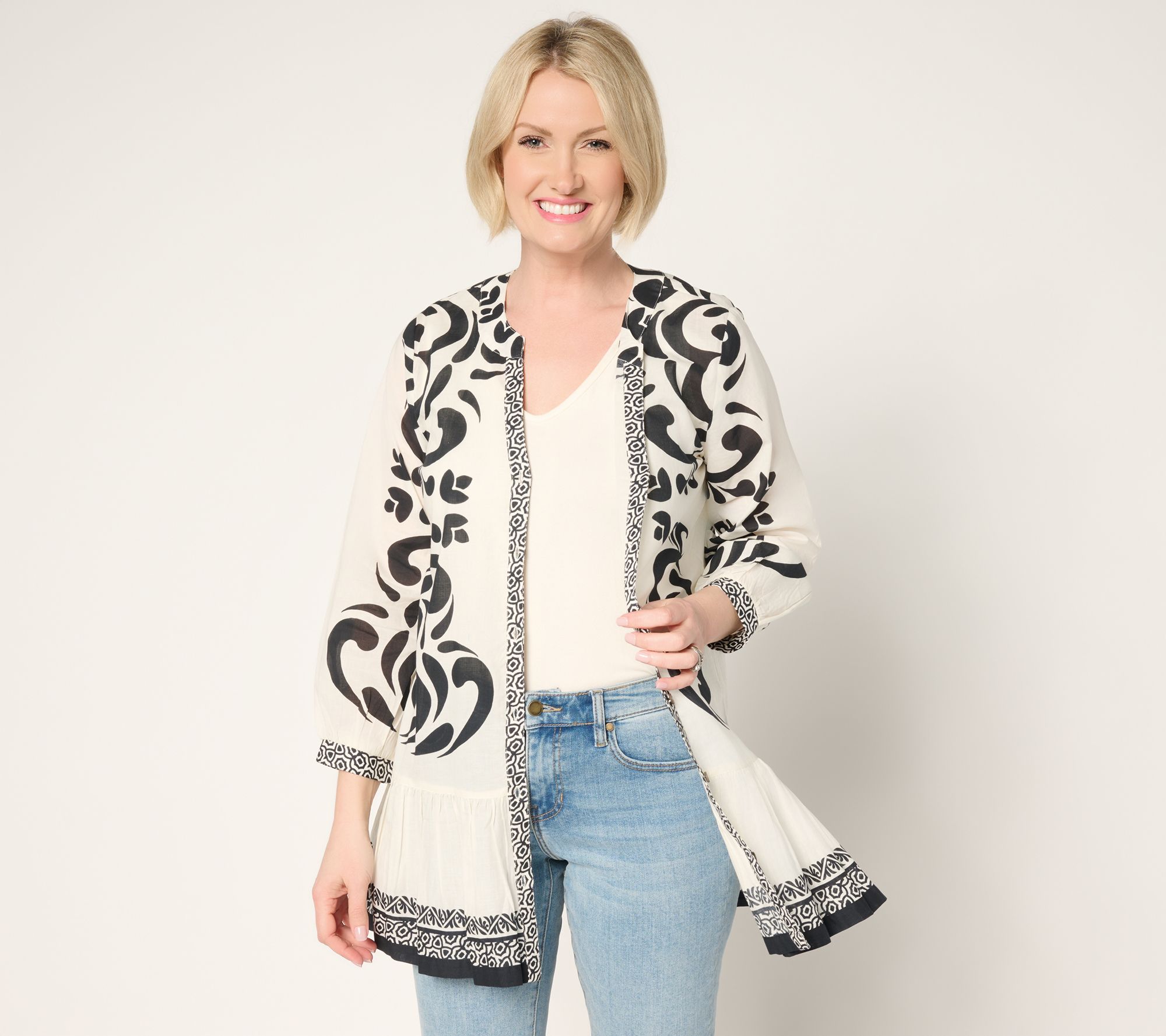 Susan Graver PURE Regular Printed Cotton Duster with Flounced Hem