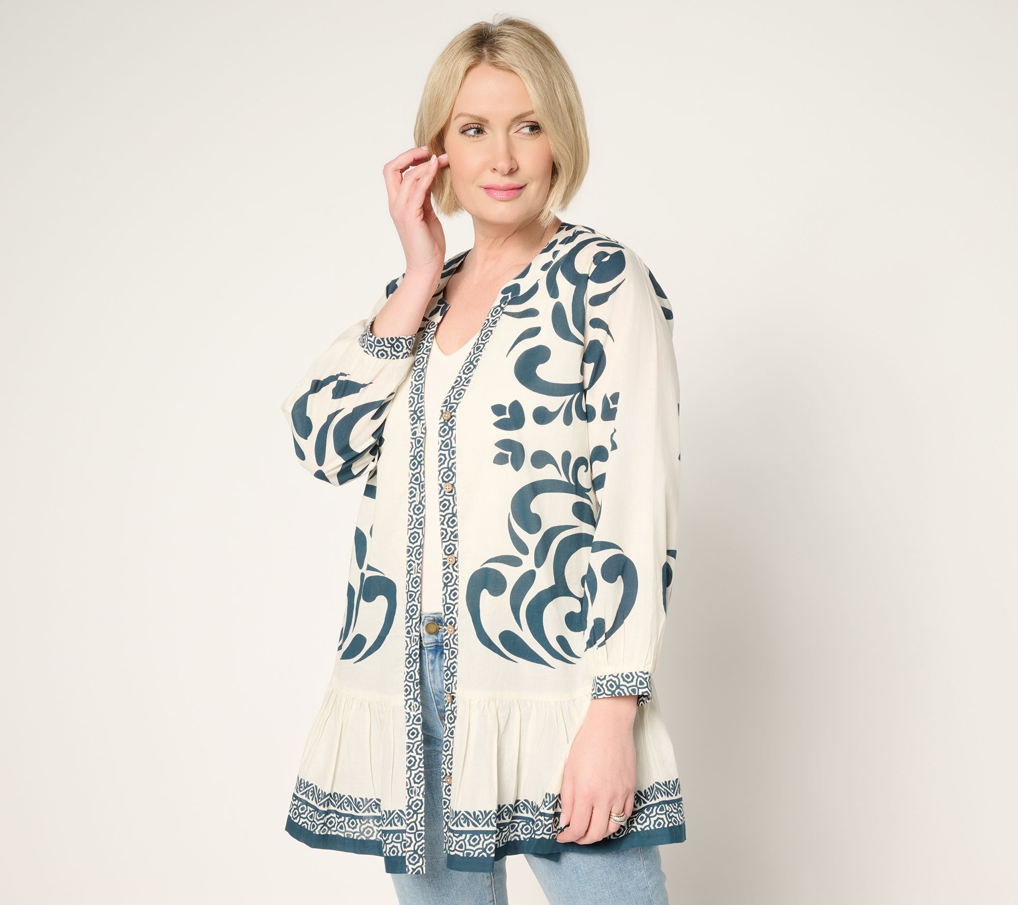 Susan Graver PURE Regular Printed Cotton Duster with Flounced Hem