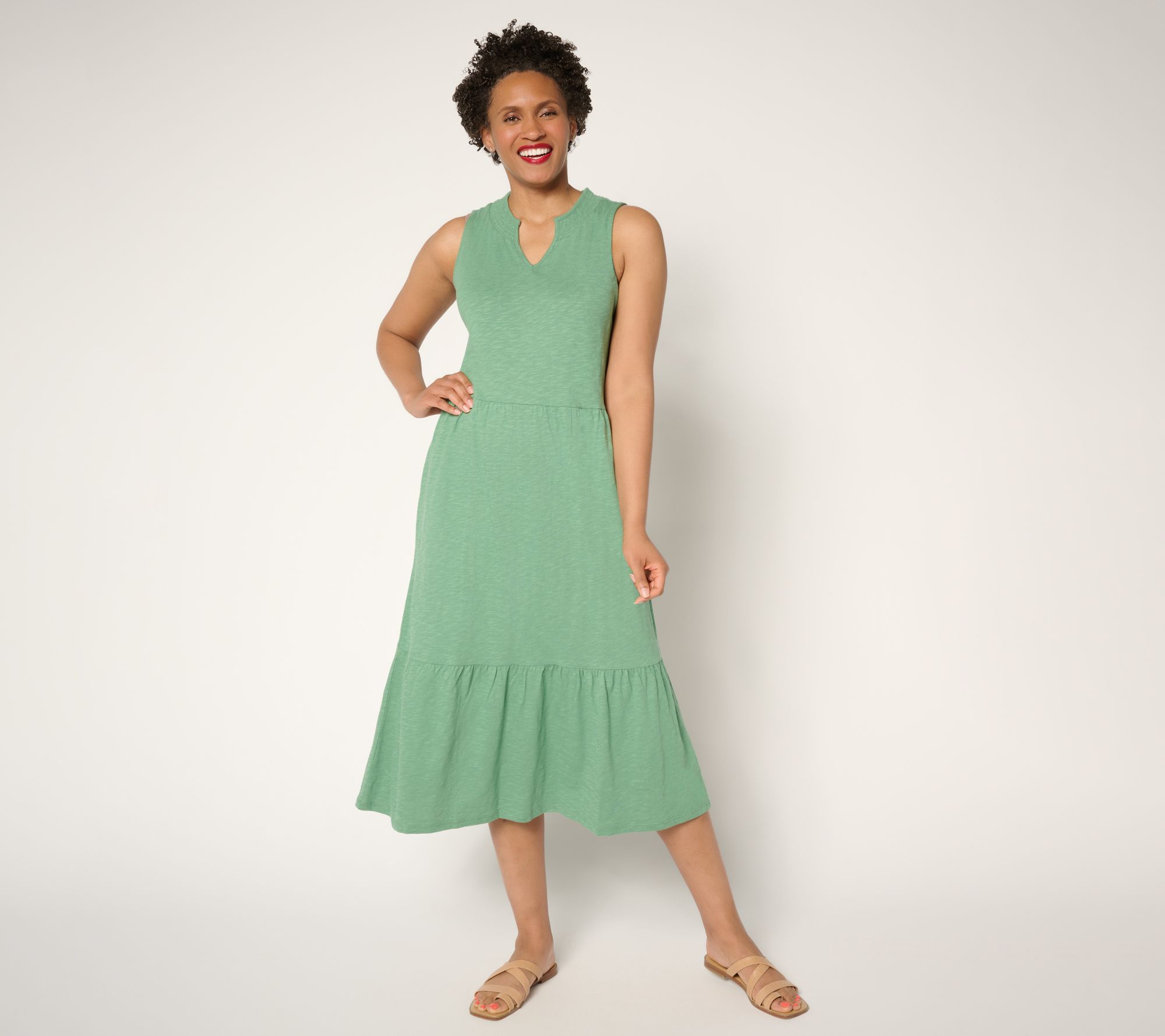 Denim & Co. Regular Linen Blend Midi Dress with Smock Neck