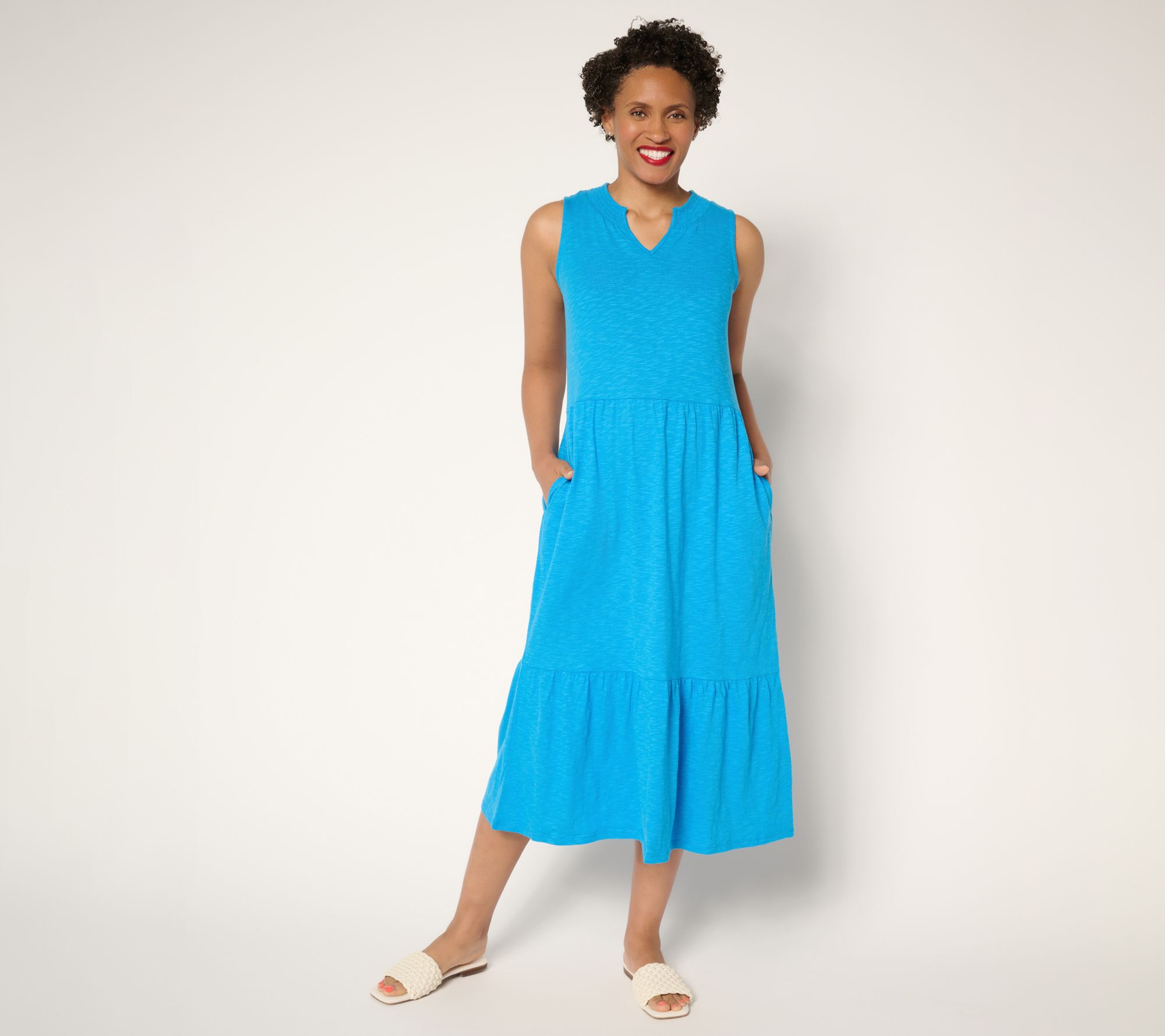 Denim & Co. Regular Linen Blend Midi Dress with Smock Neck