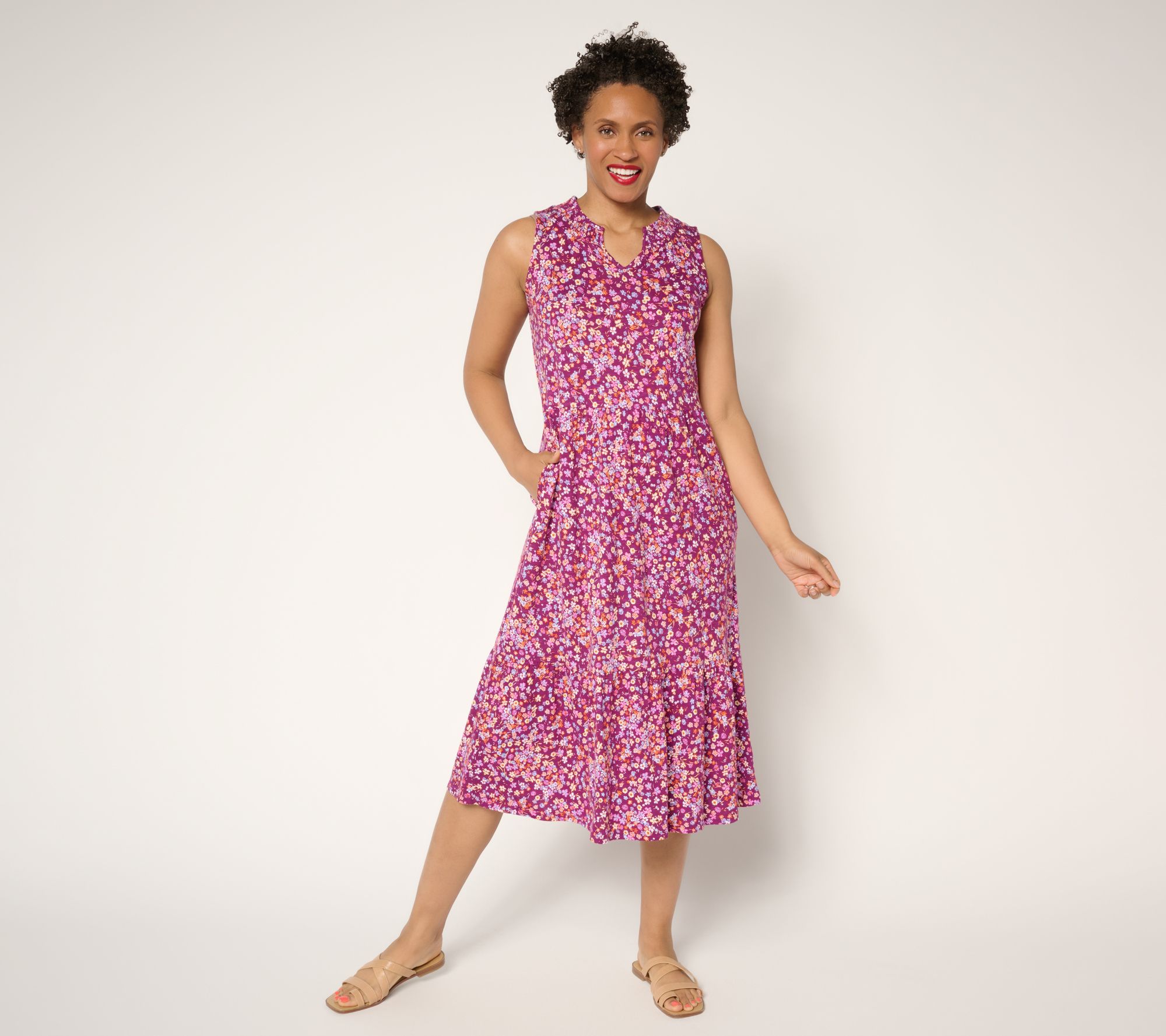 Denim & Co. Regular Linen Blend Midi Dress with Smock Neck