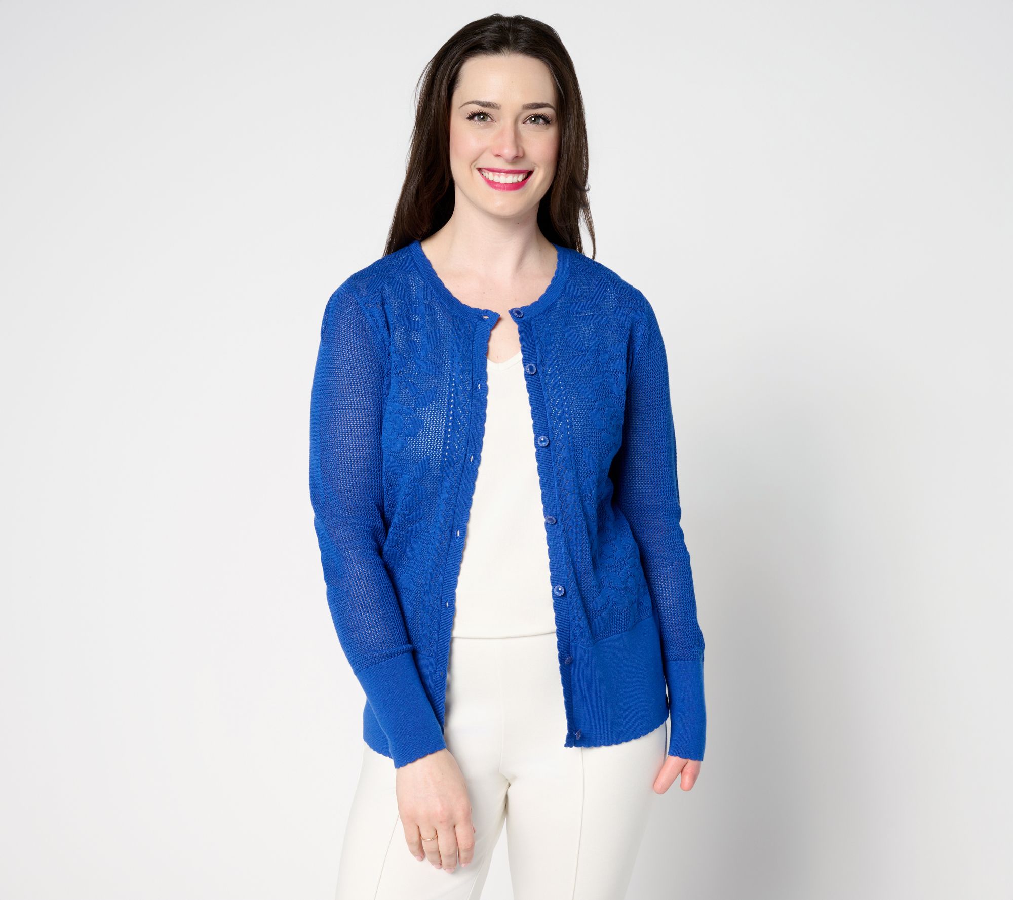 Isaac Mizrahi Live! Floral Pointelle Scallop Trim Cardigan