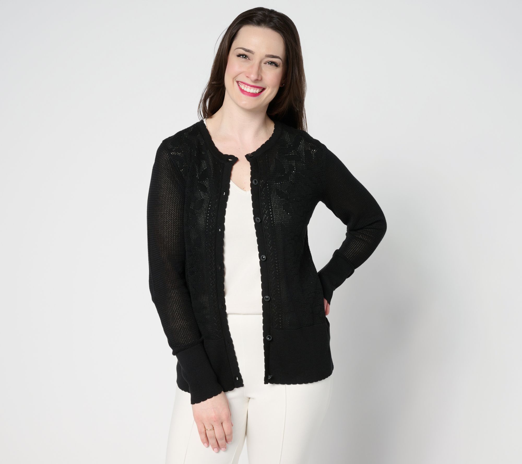 Isaac Mizrahi Live! Floral Pointelle Scallop Trim Cardigan