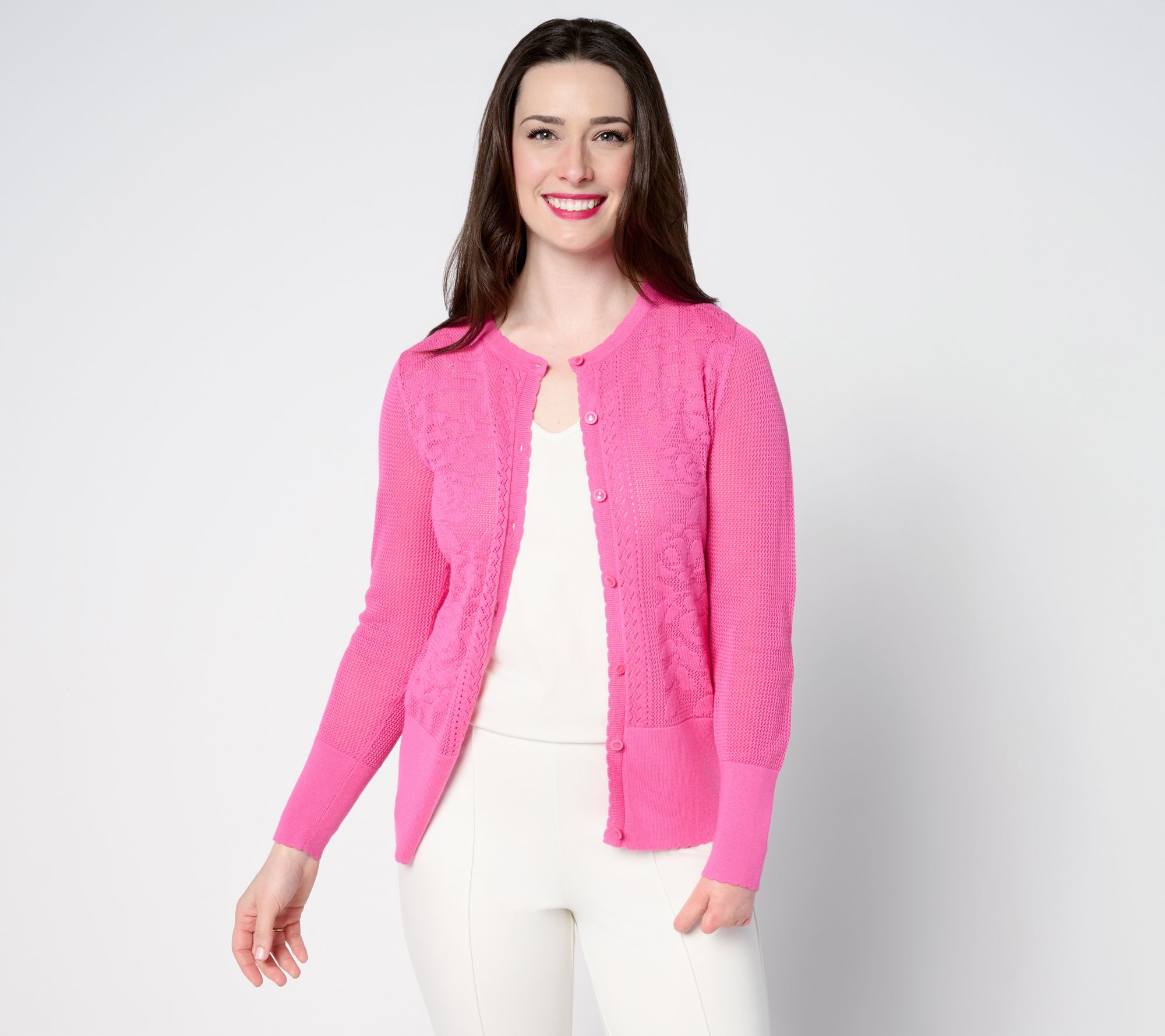 Isaac Mizrahi Live! Floral Pointelle Scallop Trim Cardigan