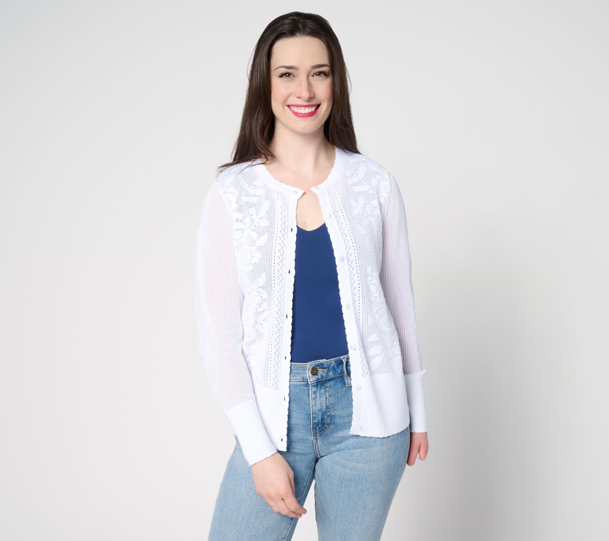 Isaac Mizrahi Live! Floral Pointelle Scallop Trim Cardigan