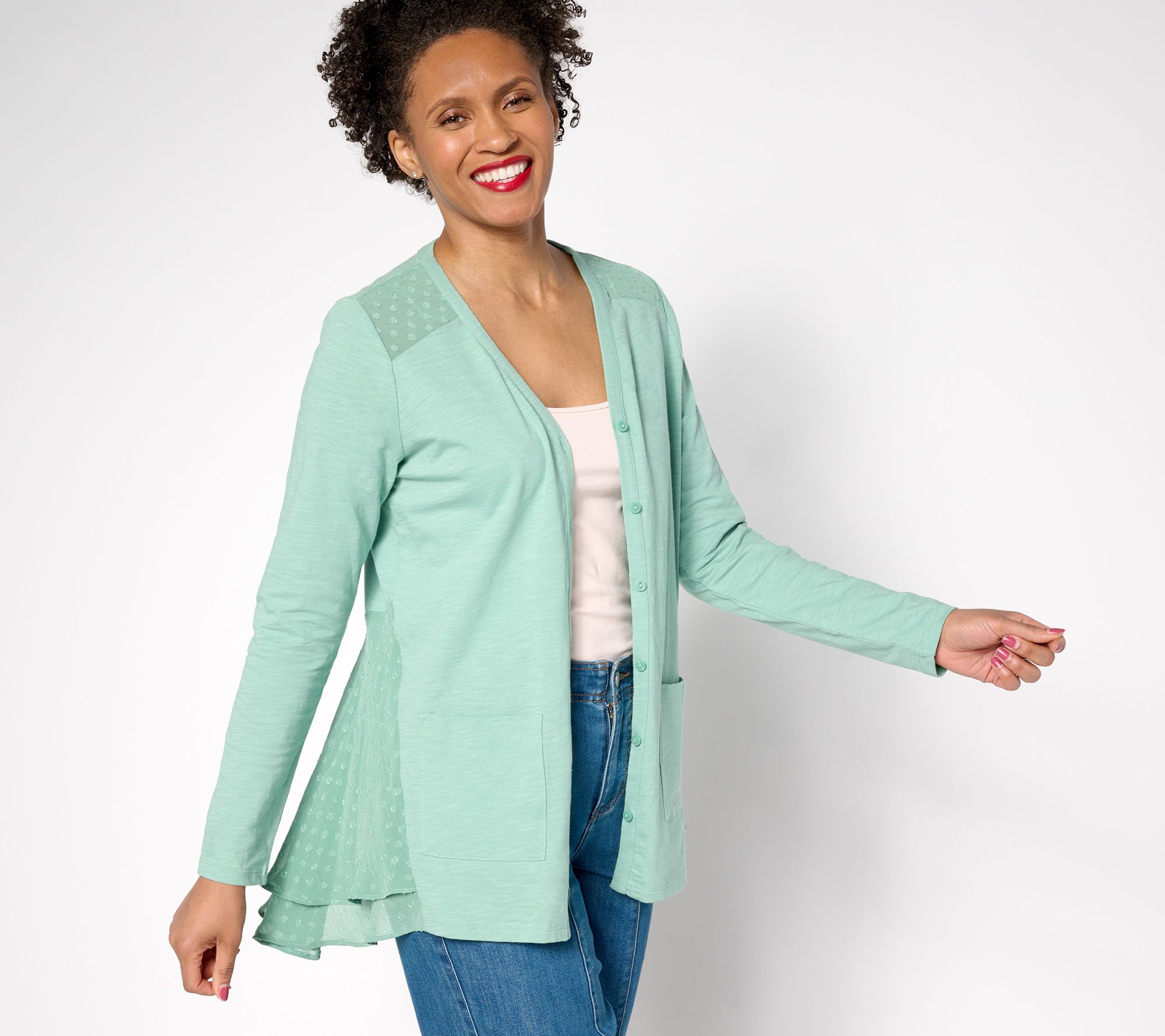  LOGO by Lori Goldstein Petite Knit Cardigan with Clip Dot Trim