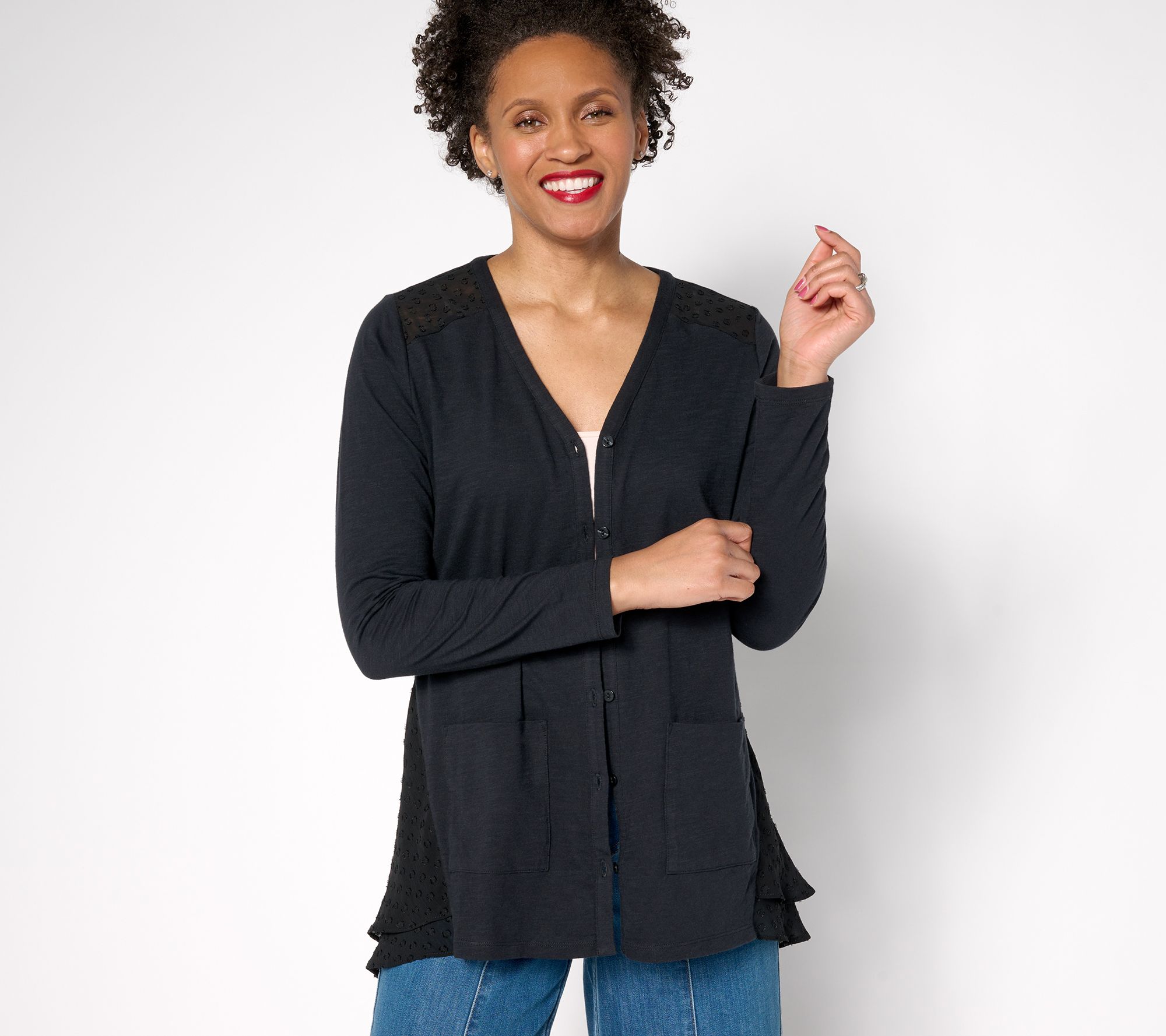 LOGO by Lori Goldstein Petite Knit Cardigan with Clip Dot Trim