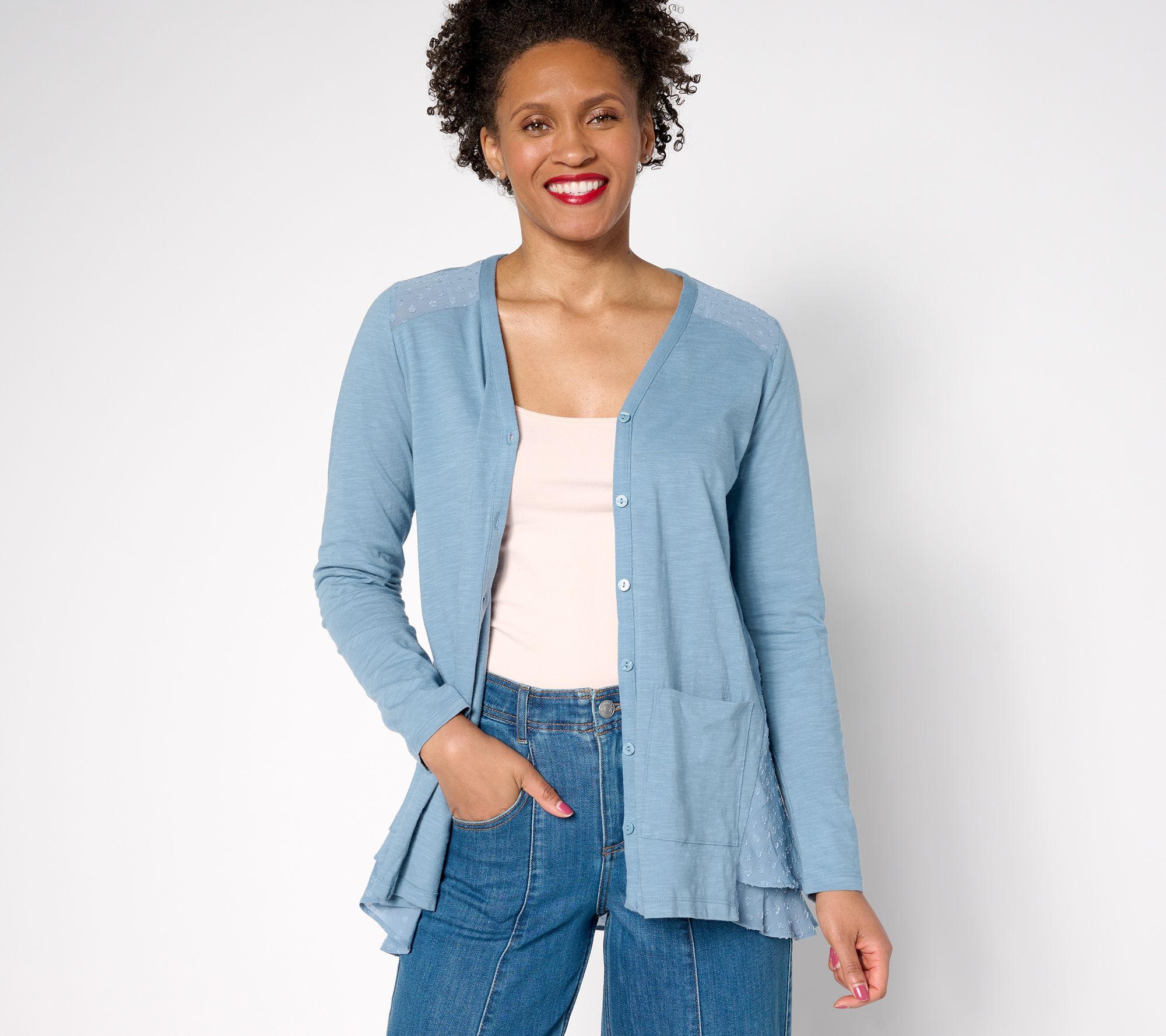 LOGO by Lori Goldstein Petite Knit Cardigan with Clip Dot Trim
