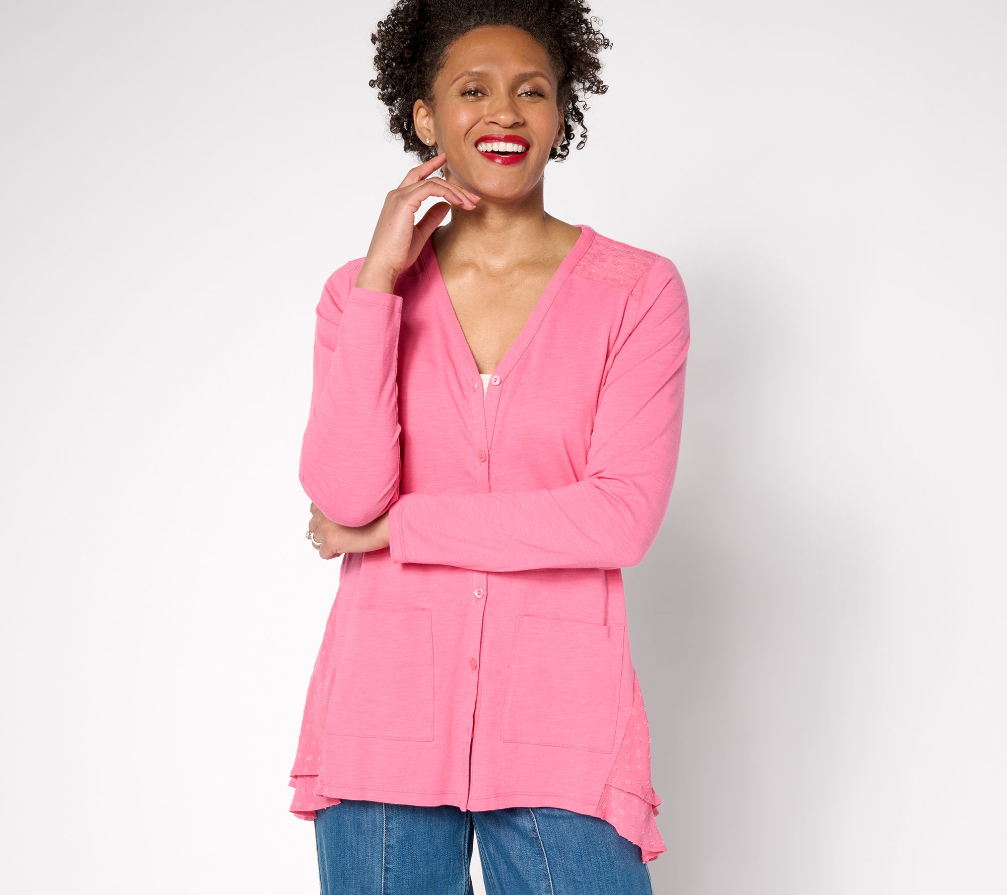 LOGO by Lori Goldstein Petite Knit Cardigan with Clip Dot Trim