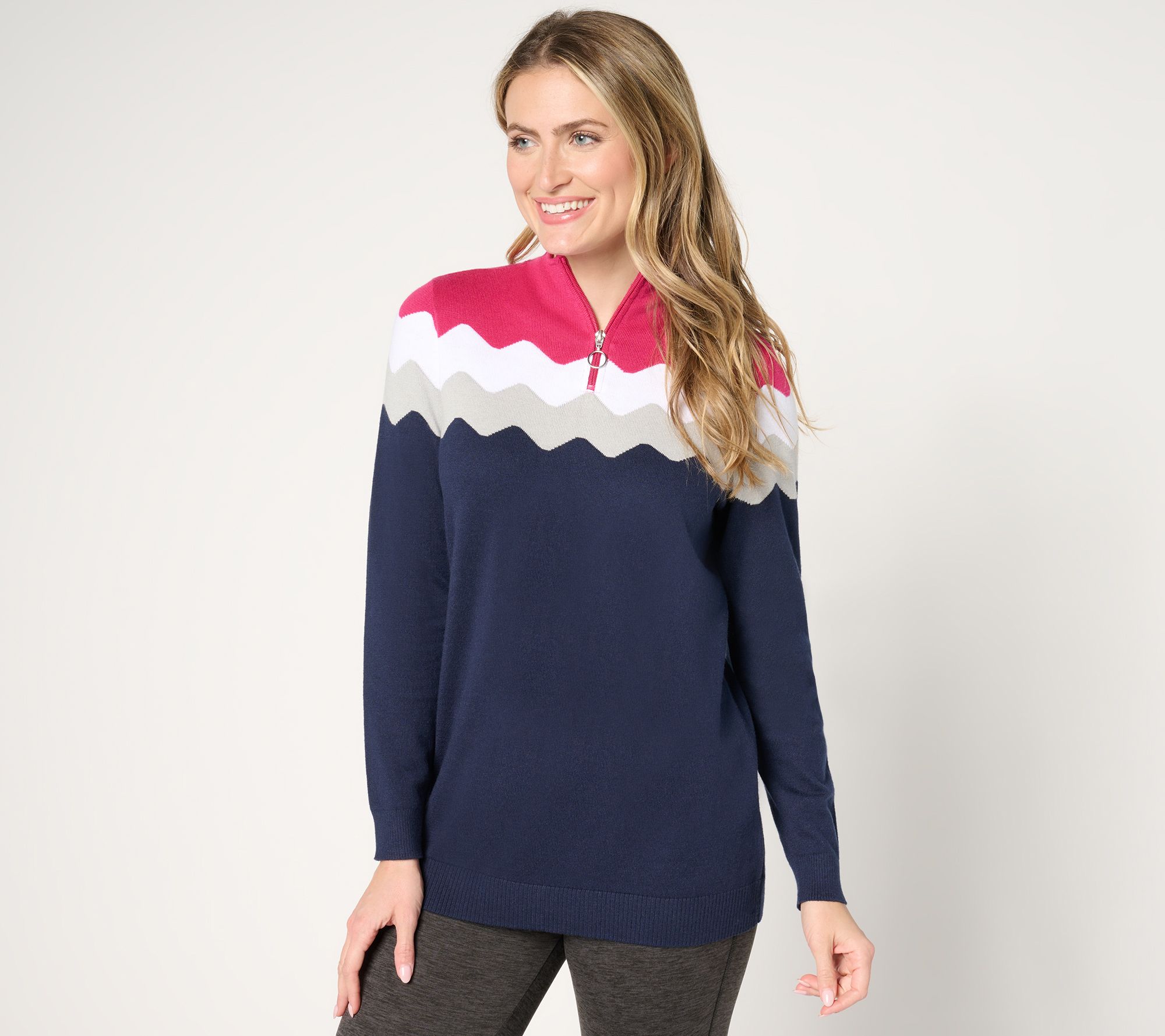 "As Is" Sport Savvy Scallop Intarsia Half Zip Sweater