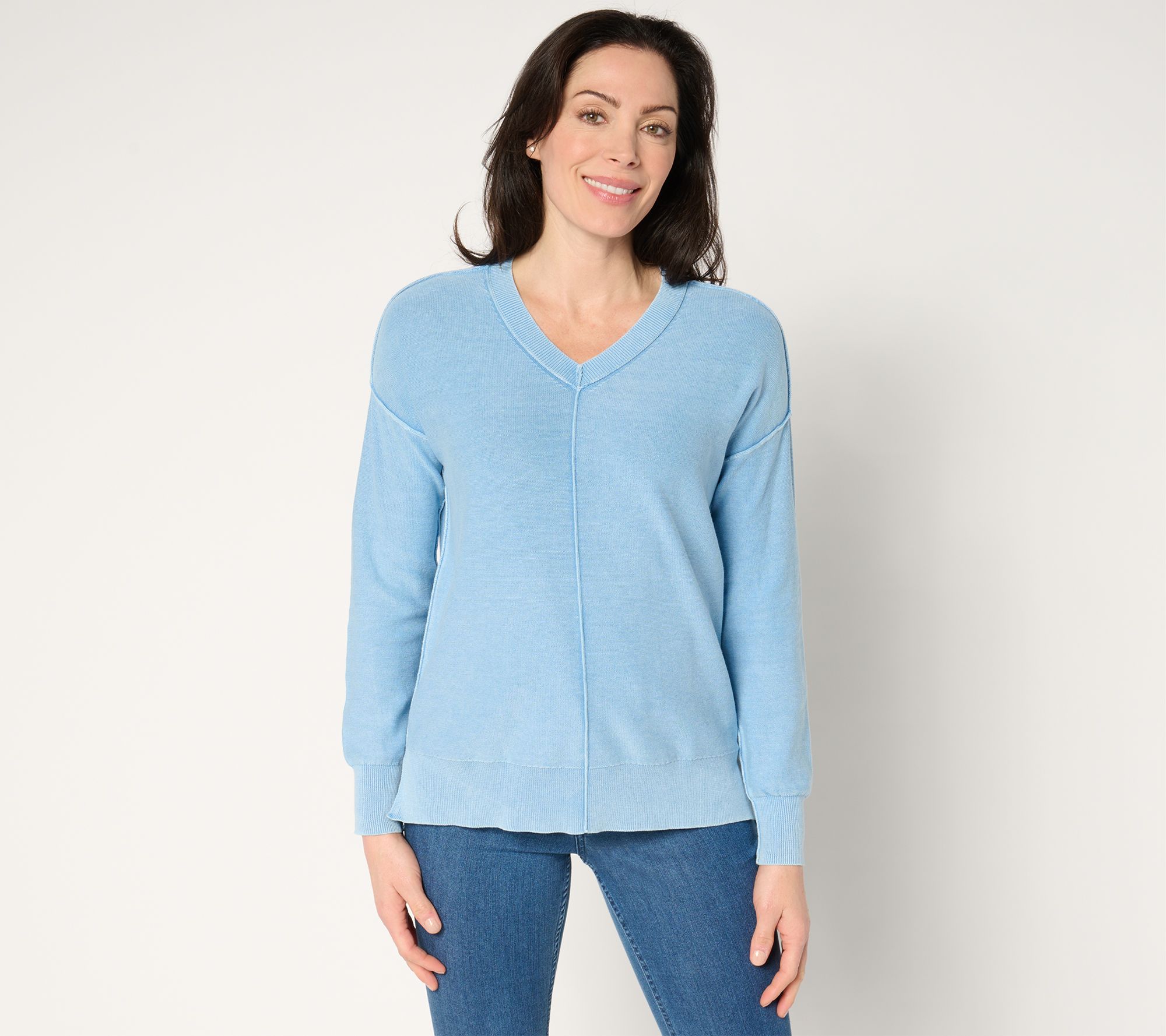 "As Is" Women with Control V-Neck Sweater with Wash Effect