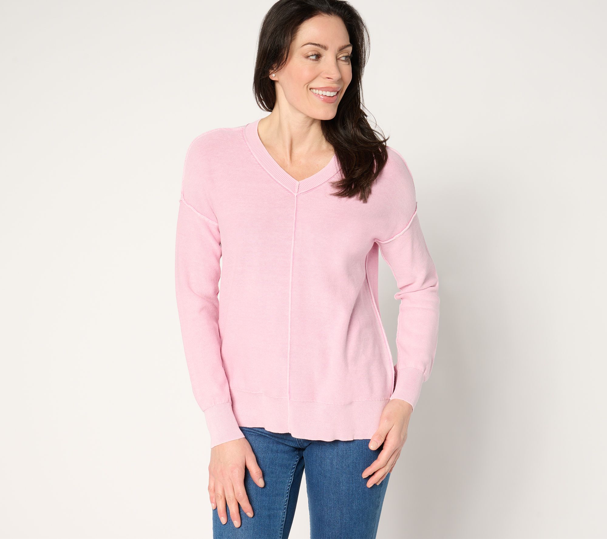 "As Is" Women with Control V-Neck Sweater with Wash Effect