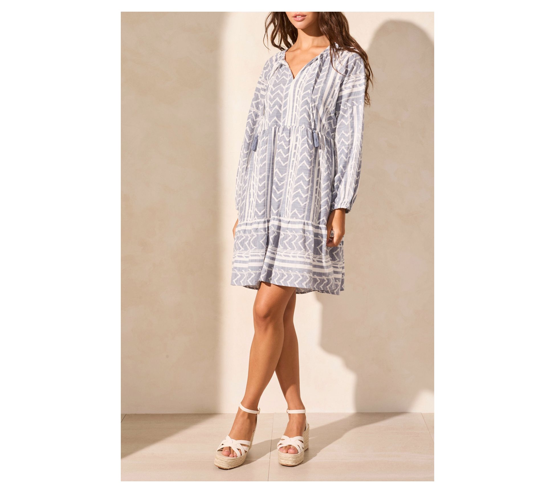 Tribal Yarn Dye Stripe Puff-Sleeve Ruffle-Hem Dress