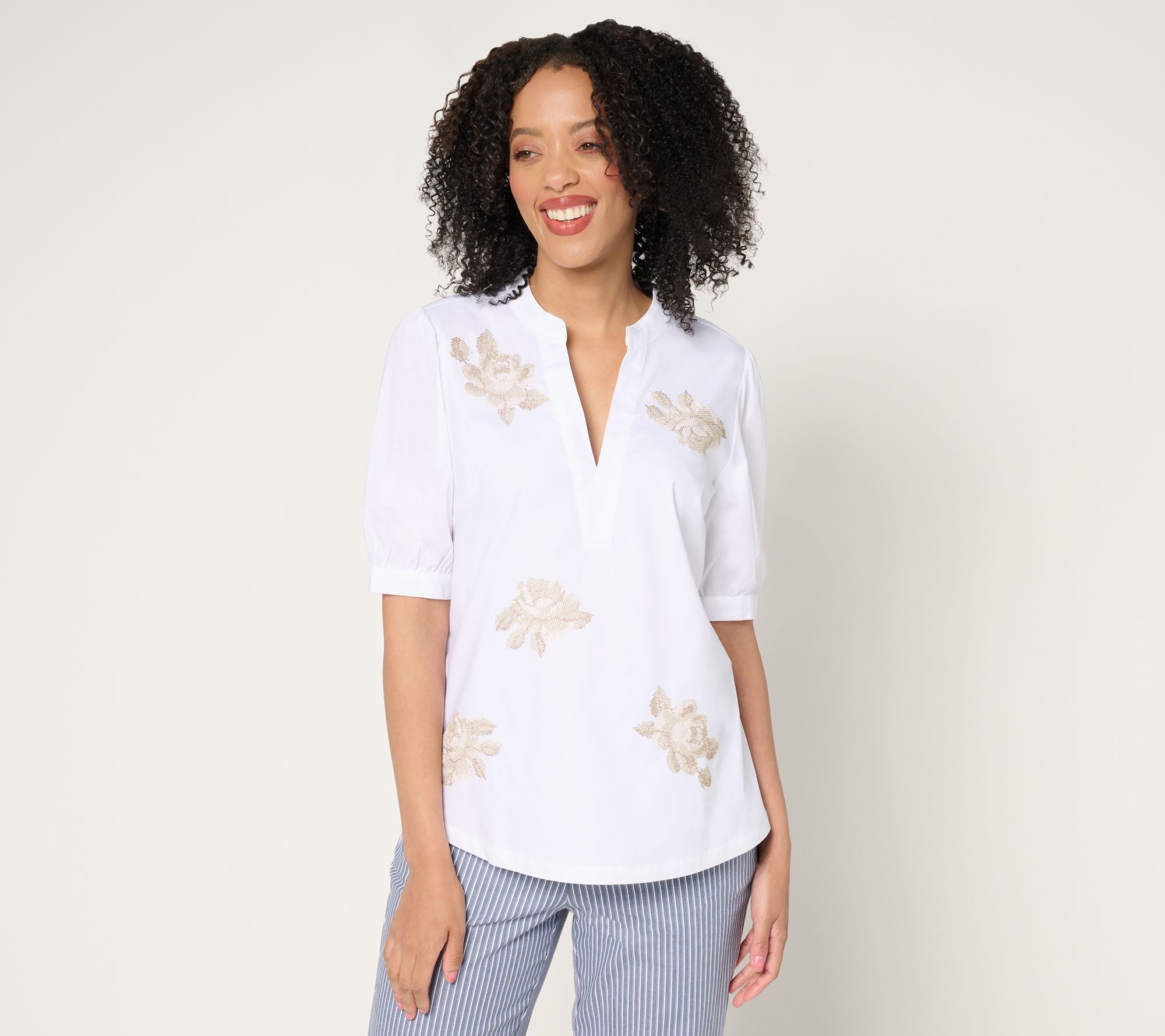 "As Is" BEAUTIFUL by Lawrence Zarian Split Neck Puff Sleeve Top