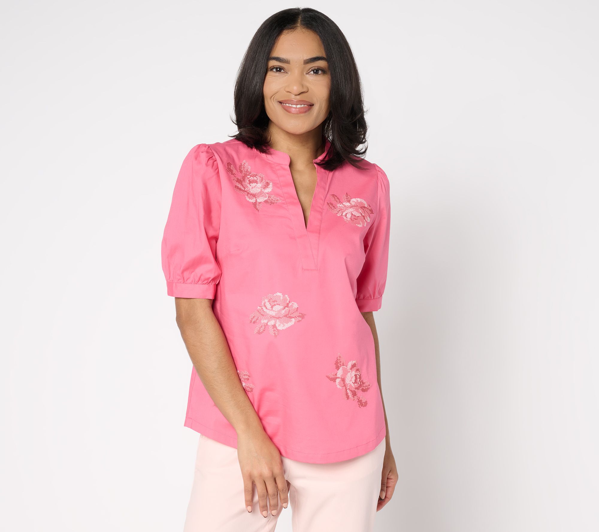 "As Is" BEAUTIFUL by Lawrence Zarian Split Neck Puff Sleeve Top