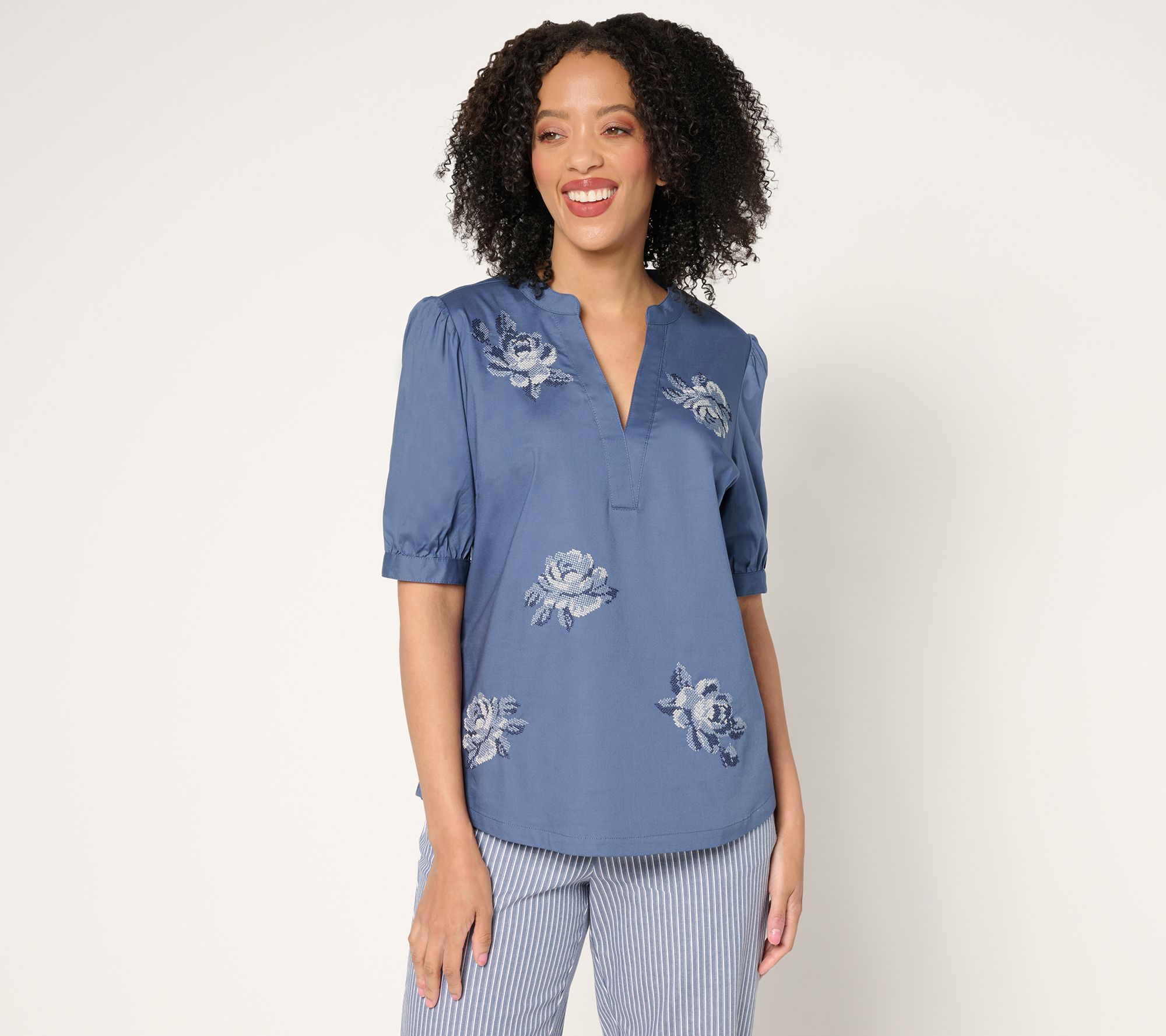 "As Is" BEAUTIFUL by Lawrence Zarian Split Neck Puff Sleeve Top