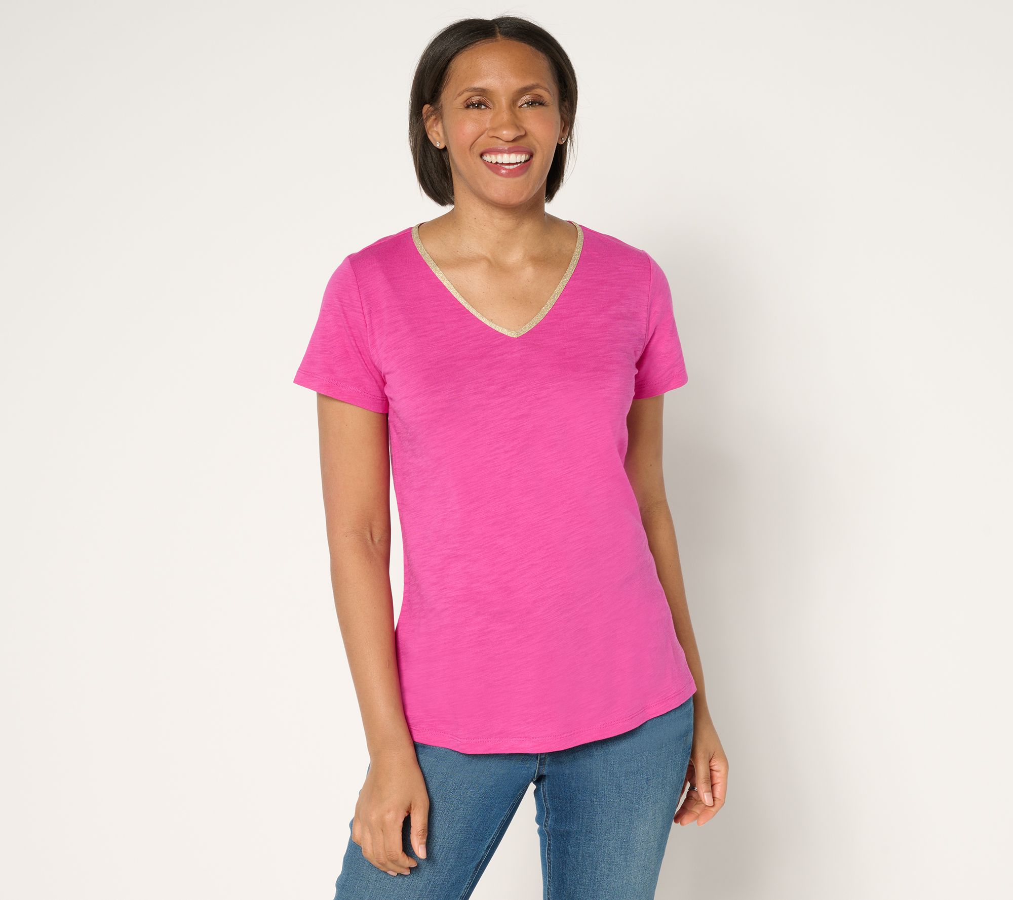 "As Is" Belle by Kim Gravel Slub Knit Gold Color Trim V-Neck Top