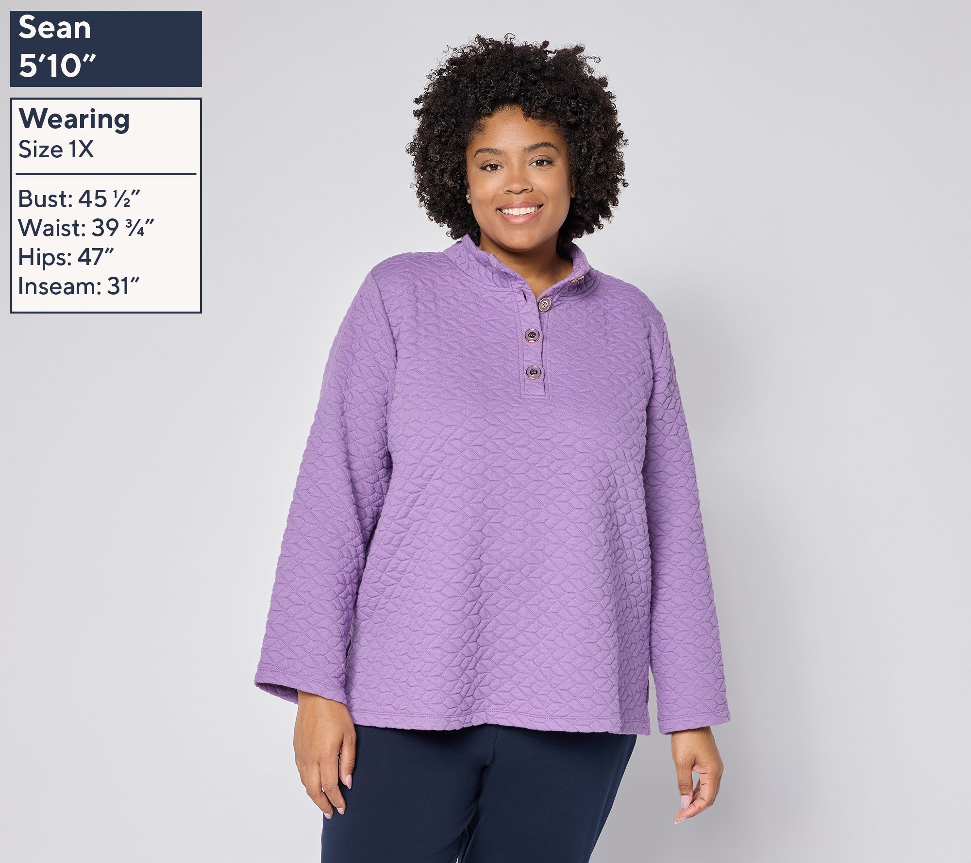 Susan Graver Weekend Quilted Cotton Rich Knit Mock-Neck Henley Top