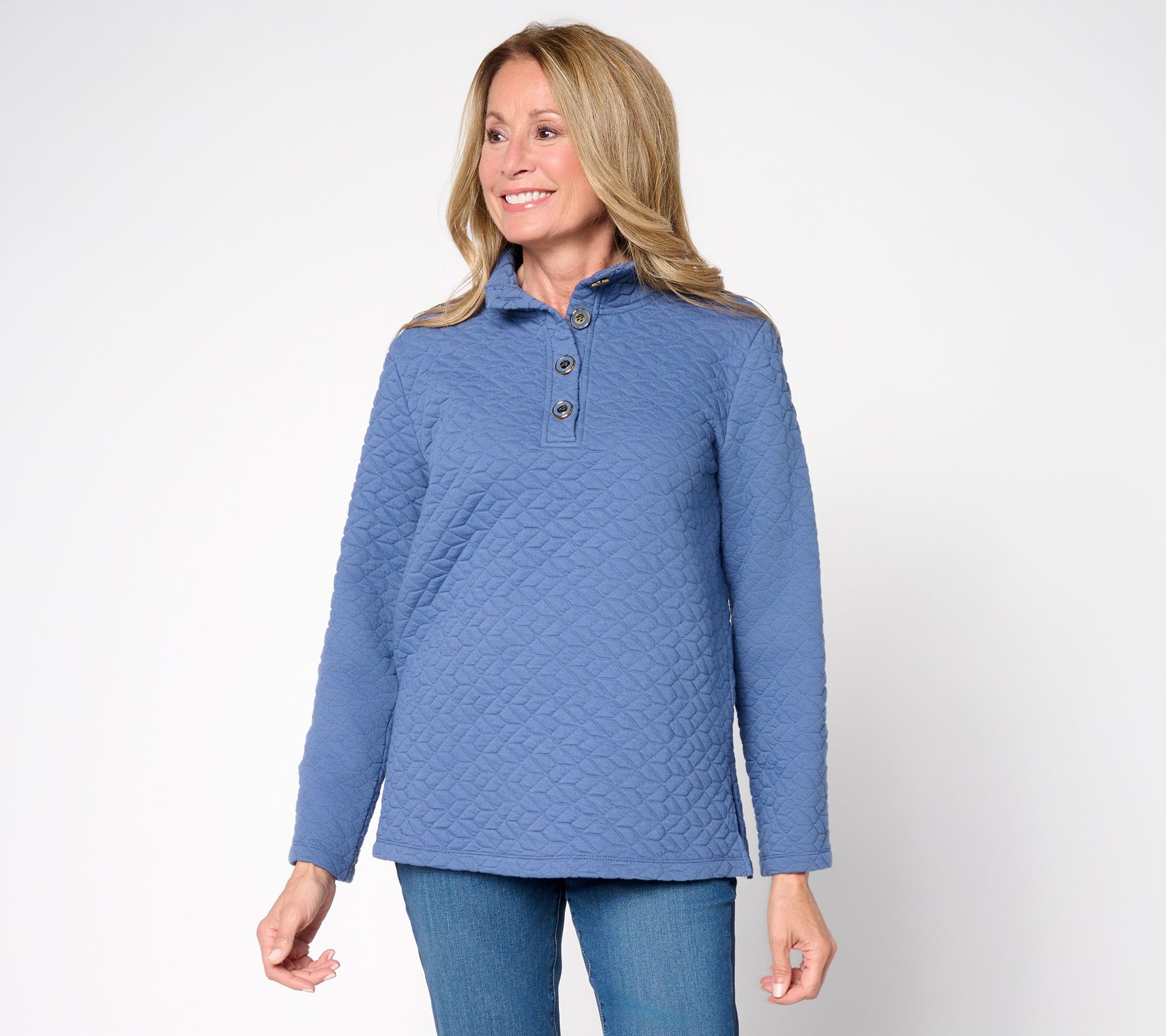 Susan Graver Weekend Quilted Cotton Rich Knit Mock-Neck Henley Top