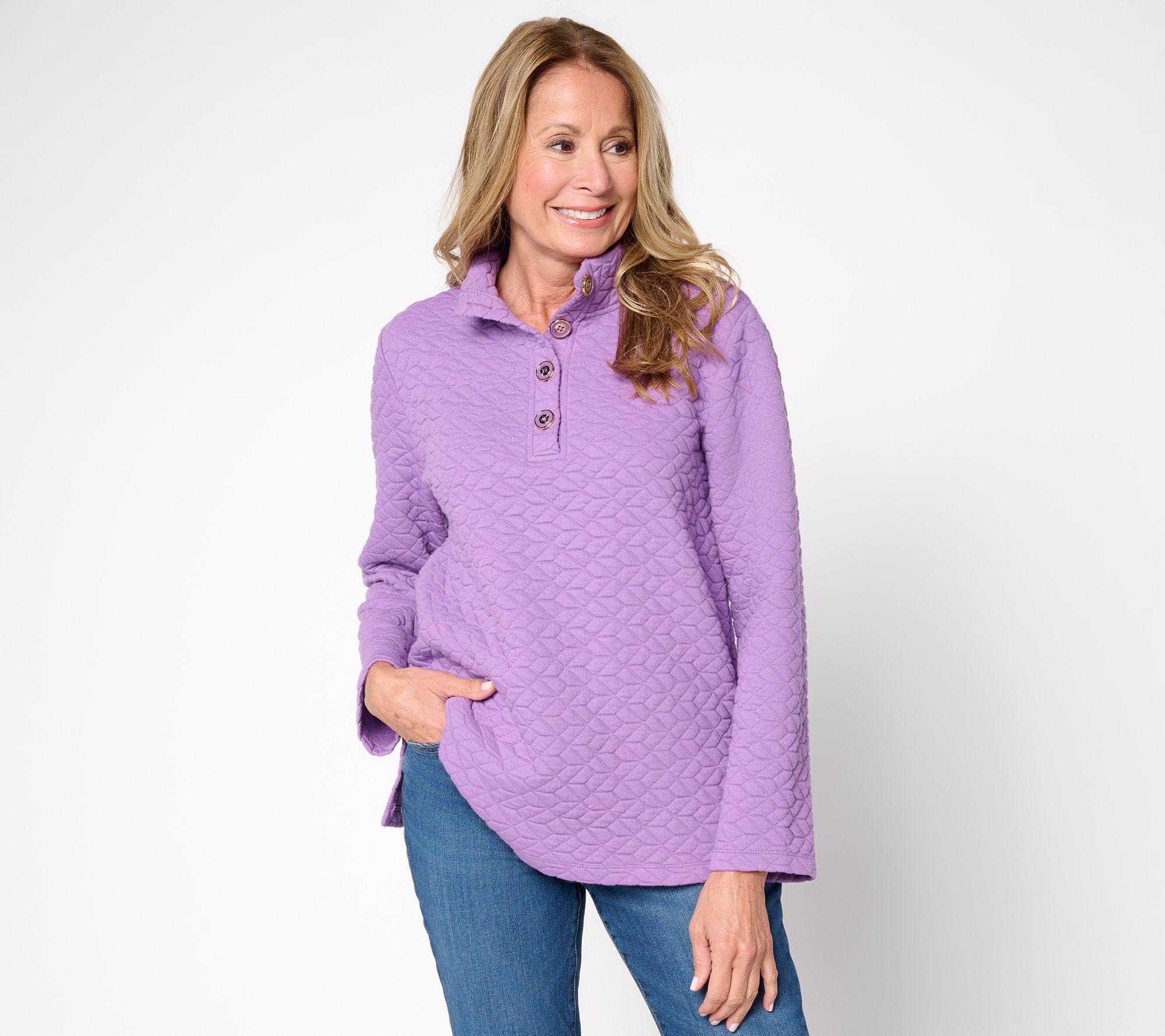 Susan Graver Weekend Quilted Cotton Rich Knit Mock-Neck Henley Top