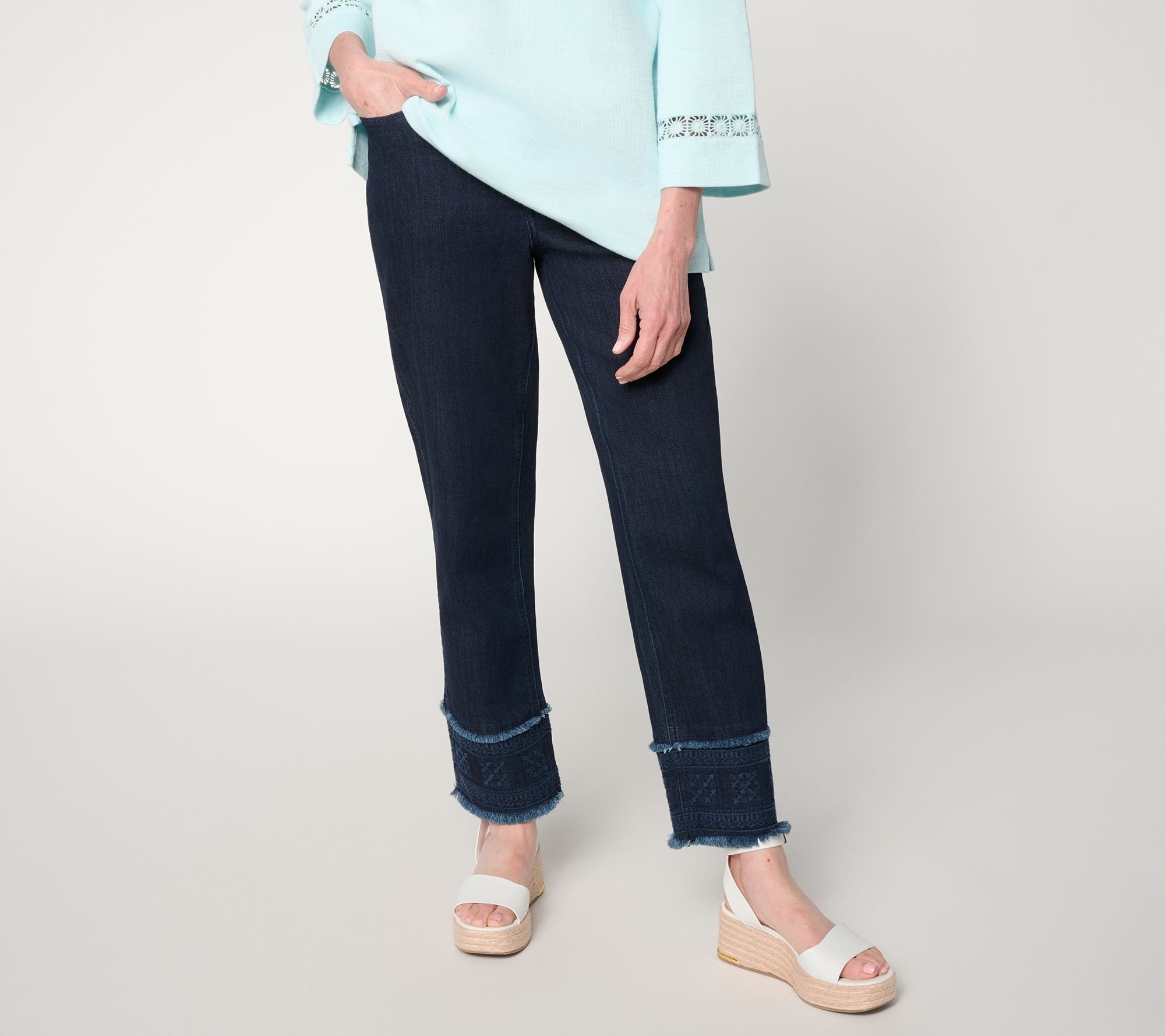 Susan Graver Petite Stretch Denim Embroidered Hem Ankle Jean