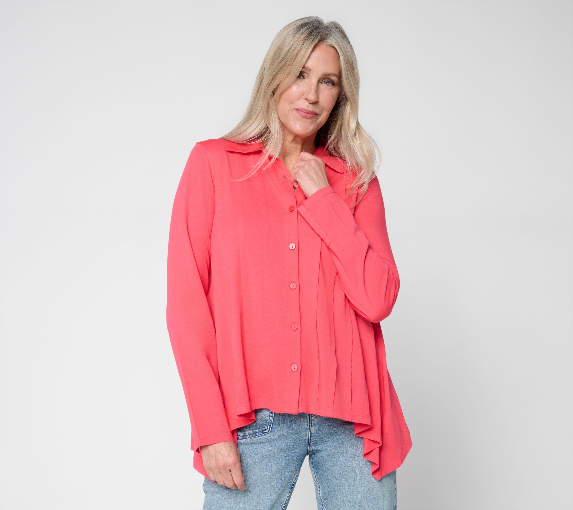 LOGO Lavish by Lori Goldstein Shark Bite Shirt with Pintuck Detail