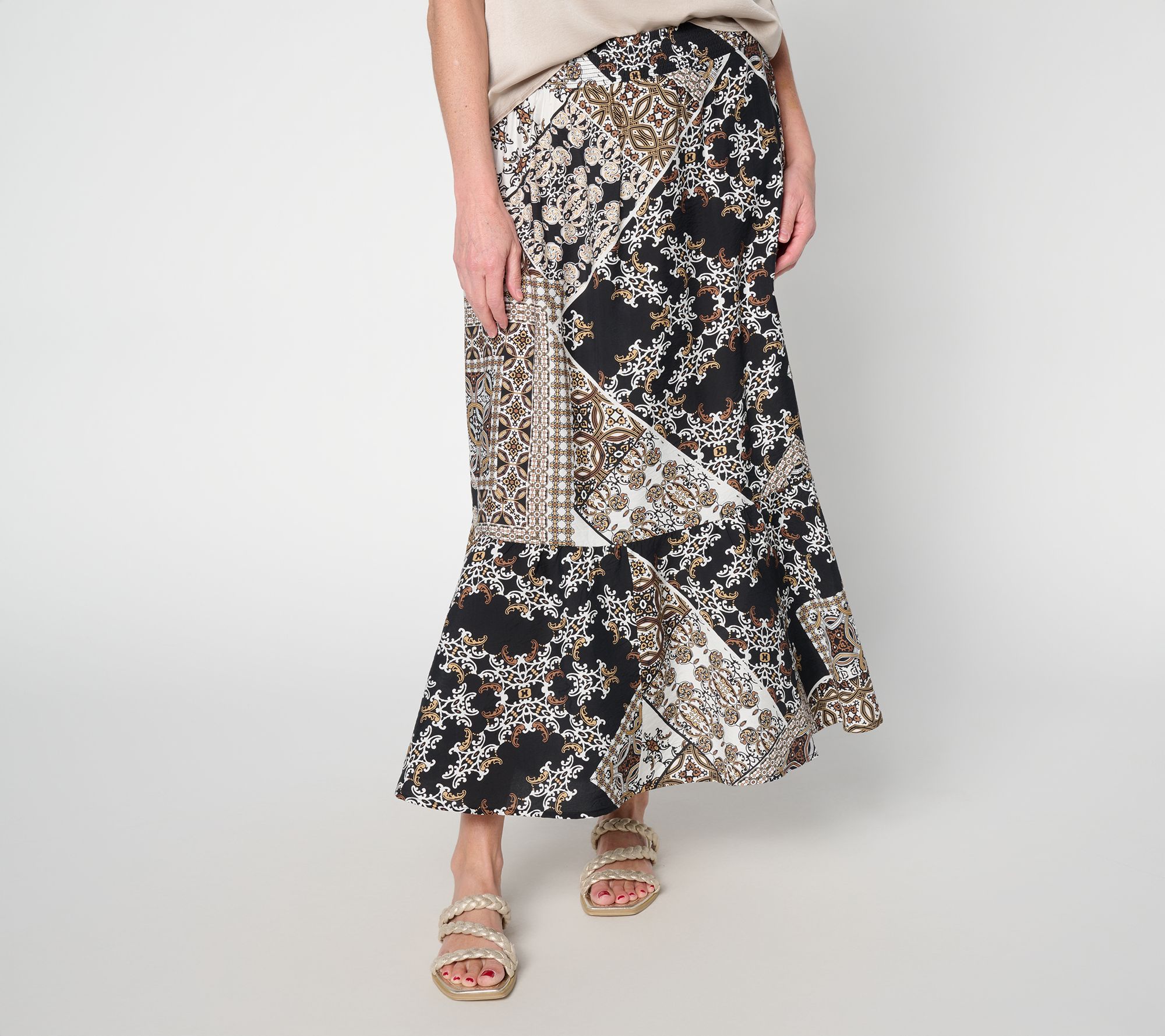 Susan Graver Petite Printed Dolce Woven Skirt with Smocked Waist