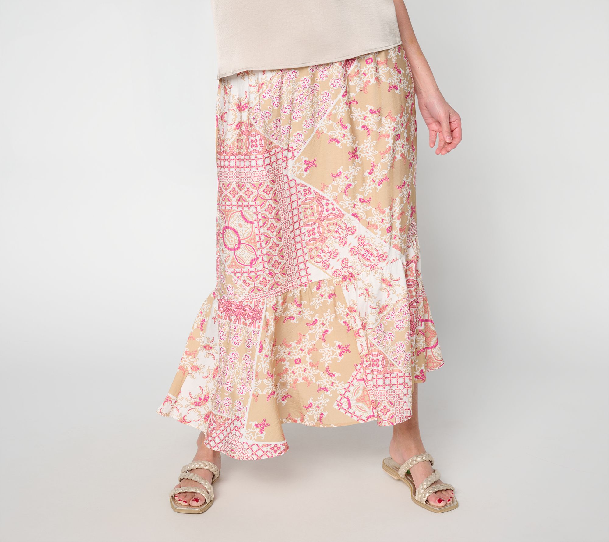 Susan Graver Petite Printed Dolce Woven Skirt with Smocked Waist