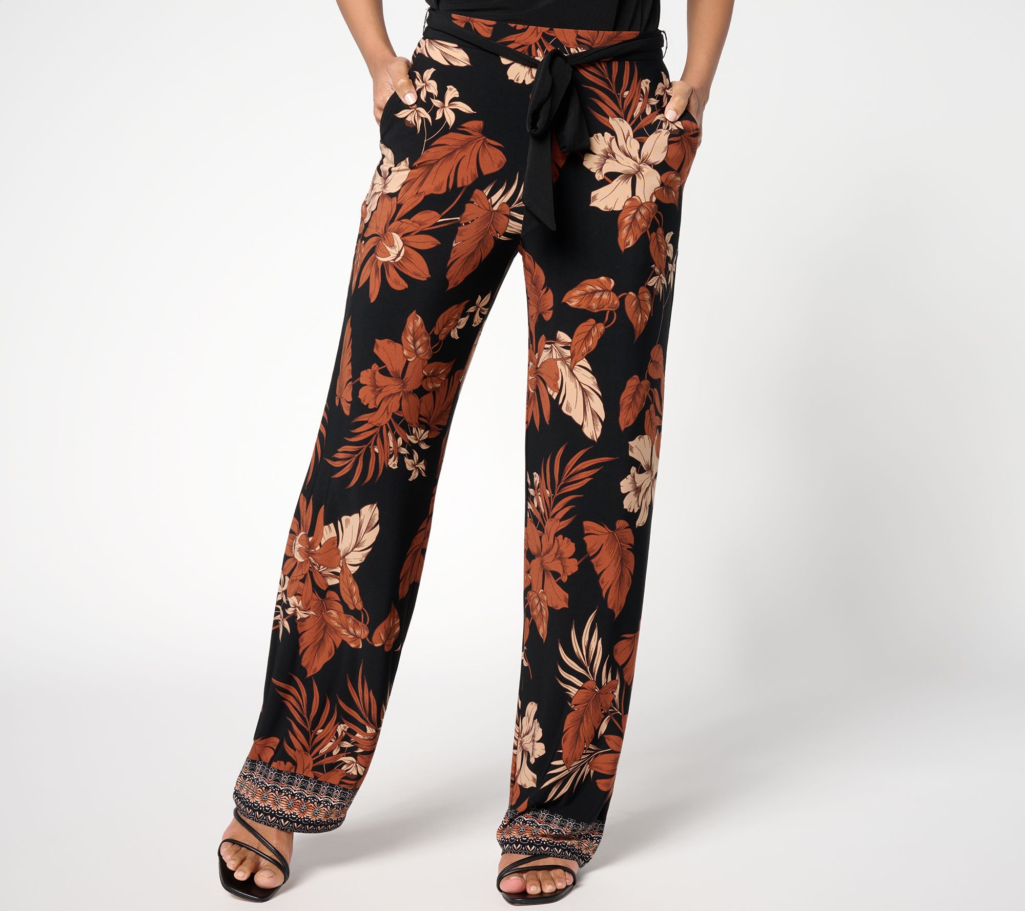 "As Is" Susan Graver Petite Printed Liquid Knit Wide Leg Pant w/ Belt