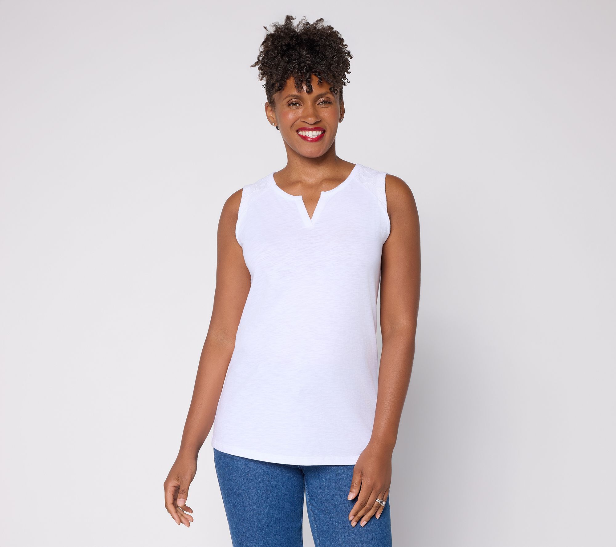 Denim & Co. Embroidered Slub Jersey Raglan Split Neck Tank Top