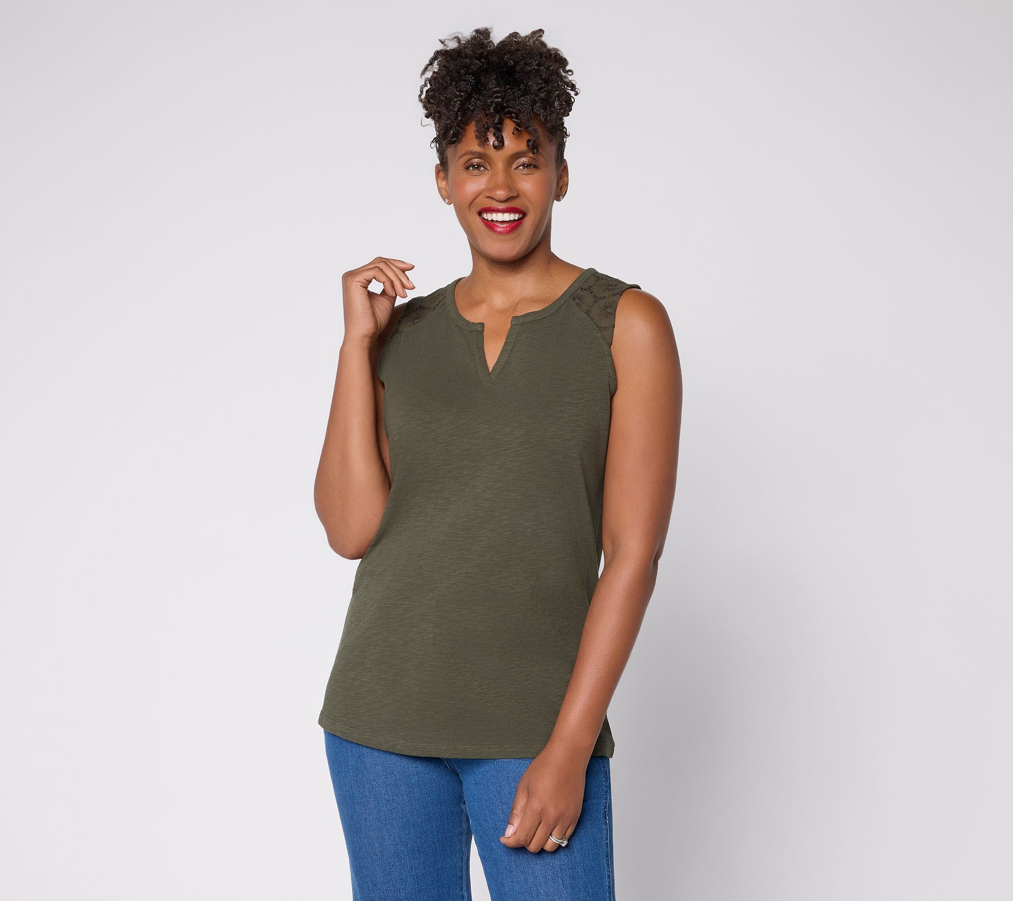 Denim & Co. Embroidered Slub Jersey Raglan Split Neck Tank Top