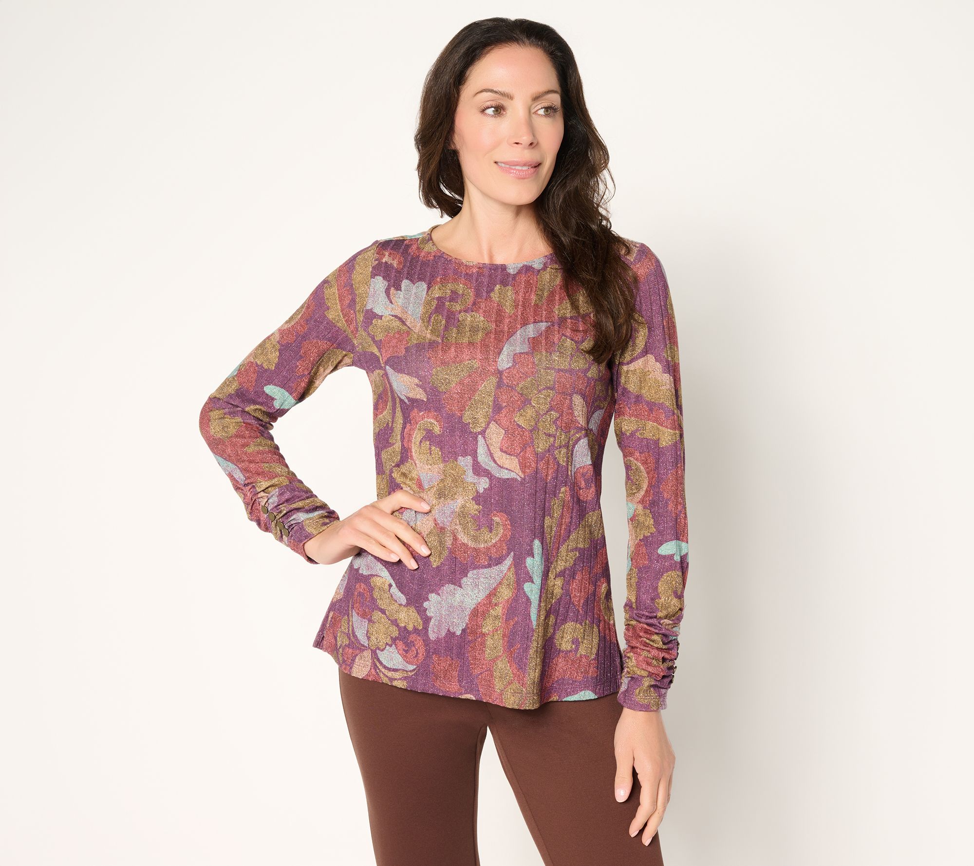 "As Is" Susan Graver Printed Ribbed Knit w/Lurex Bateau Neck Top