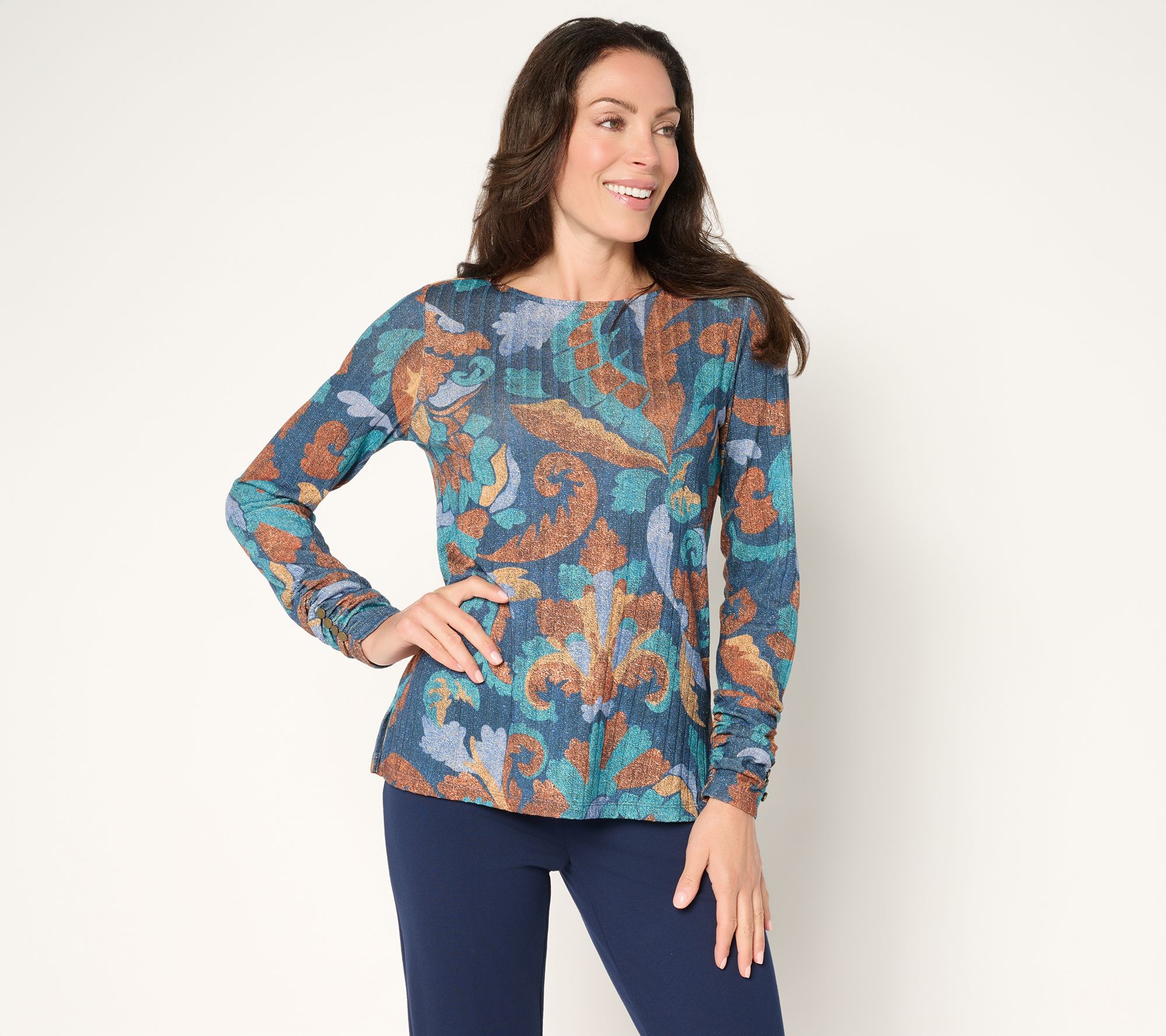 "As Is" Susan Graver Printed Ribbed Knit w/Lurex Bateau Neck Top