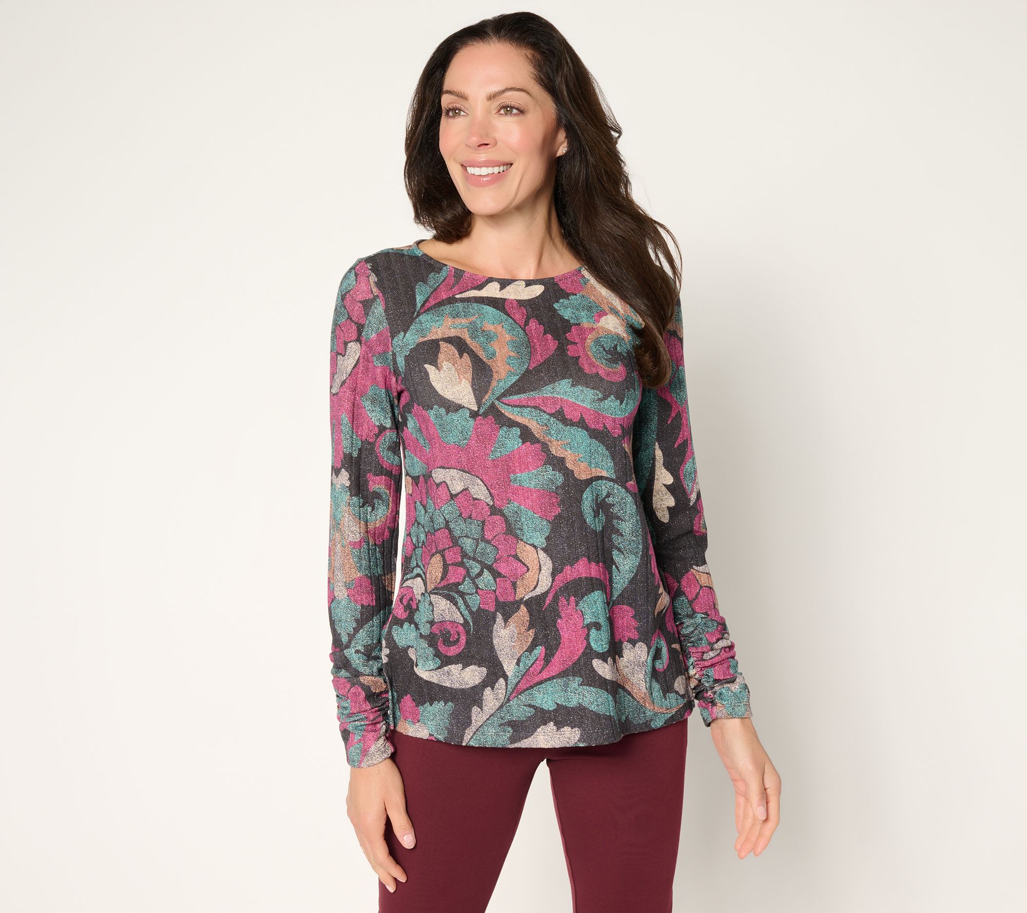 "As Is" Susan Graver Printed Ribbed Knit w/Lurex Bateau Neck Top