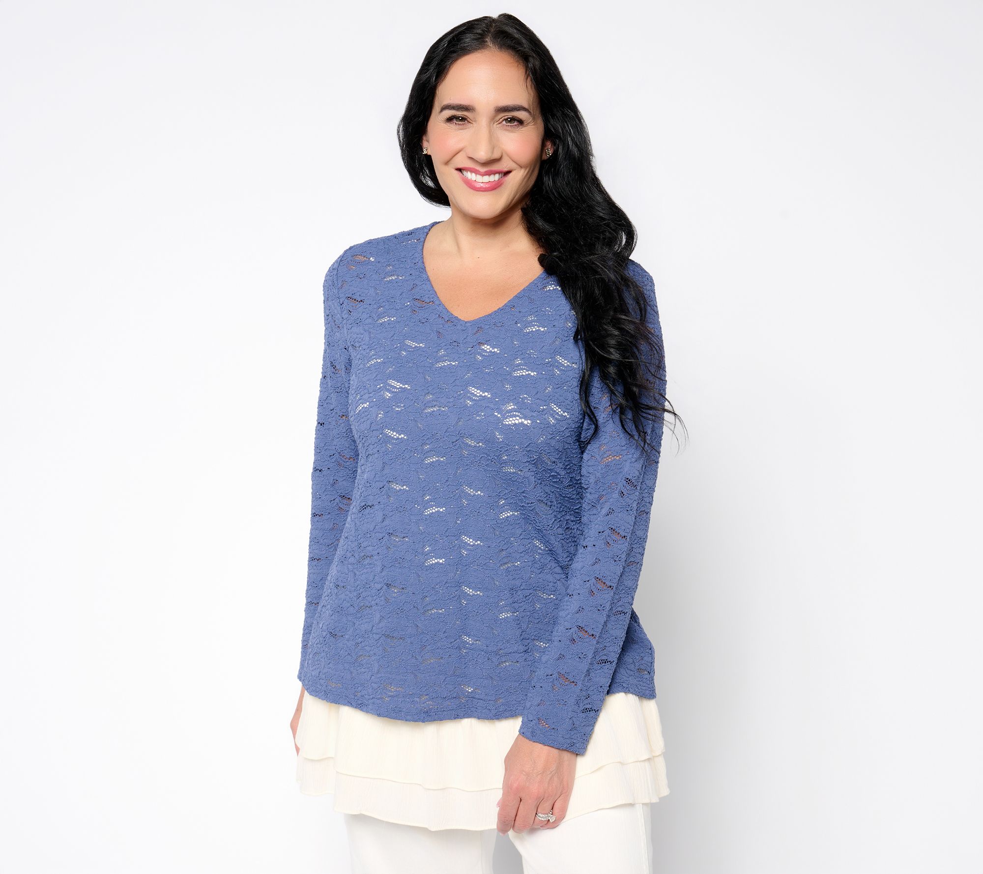 LOGO Layers by Lori Goldstein Long Sleeve Stretch Lace V-Neck