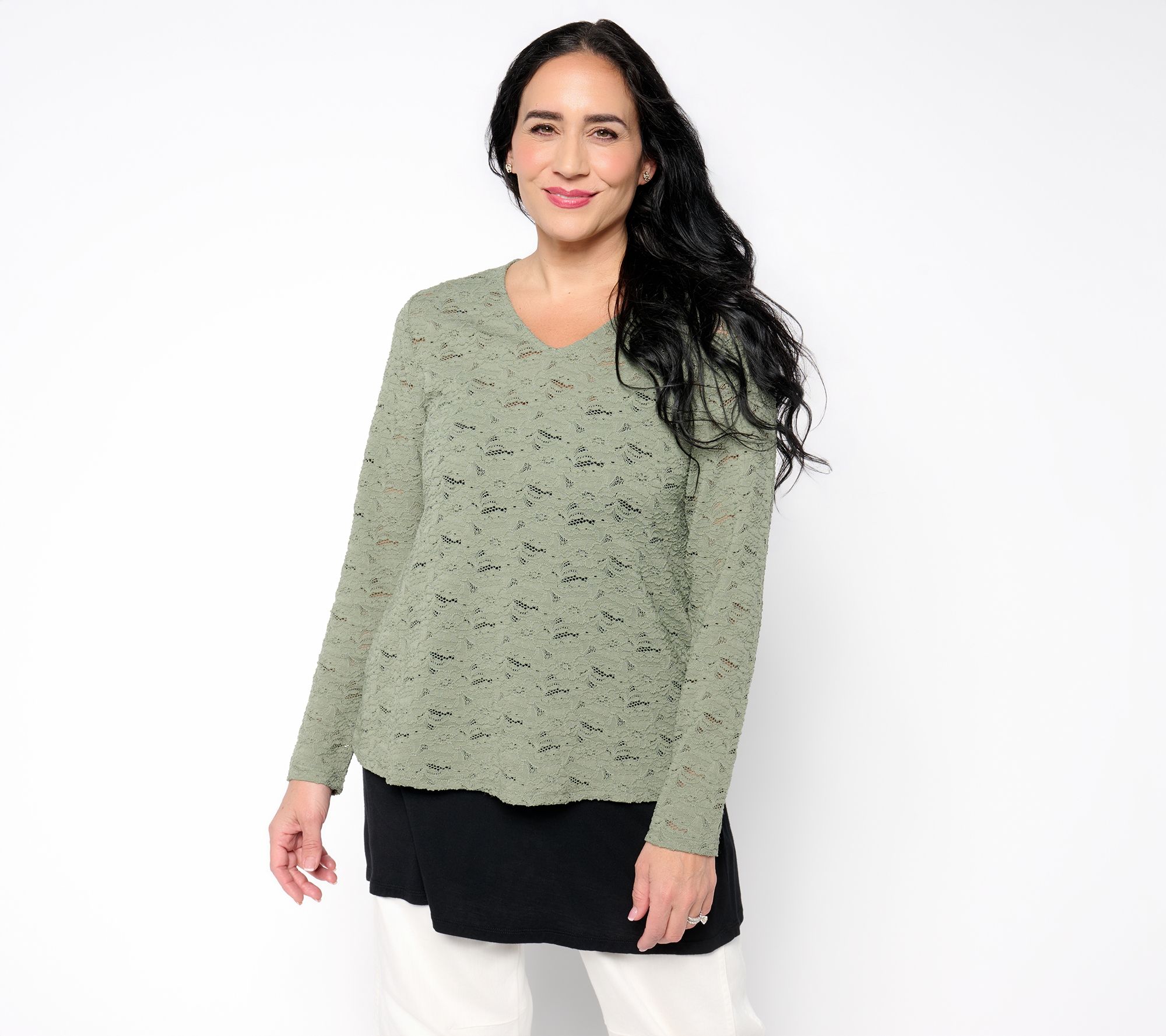 LOGO Layers by Lori Goldstein Long Sleeve Stretch Lace V-Neck