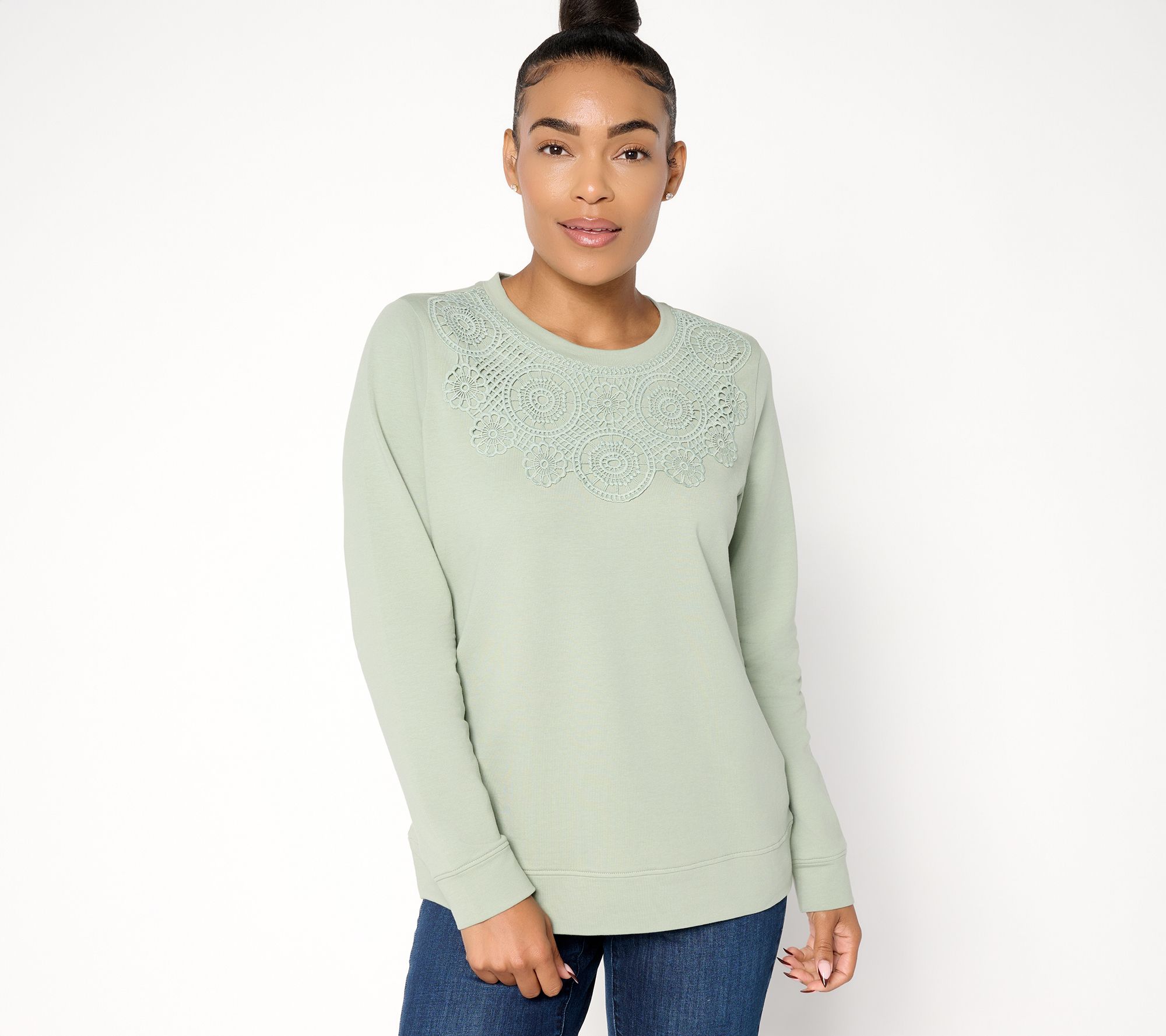 "As Is" Denim & Co. French Terry Long Sleeve Pullover w/ Lace Detail