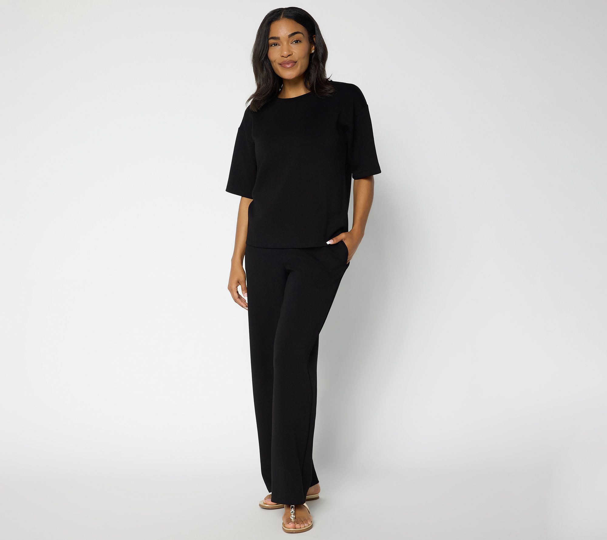 Susan Graver Weekend Regular Serene Knit Top and Wide Leg Pant Set