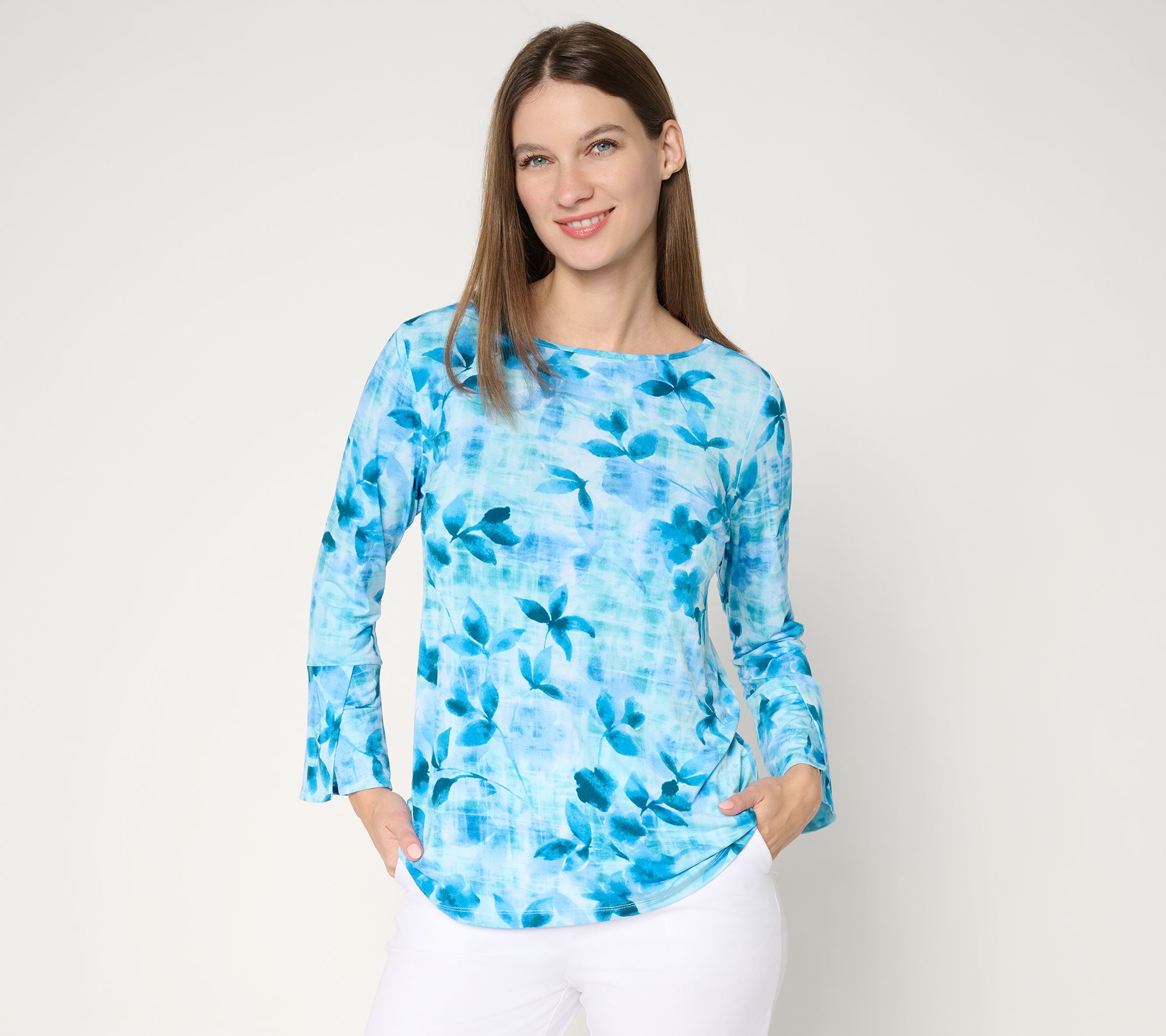 "As Is" Susan Graver Printed Liquid Knit Bell-Sleeve Top