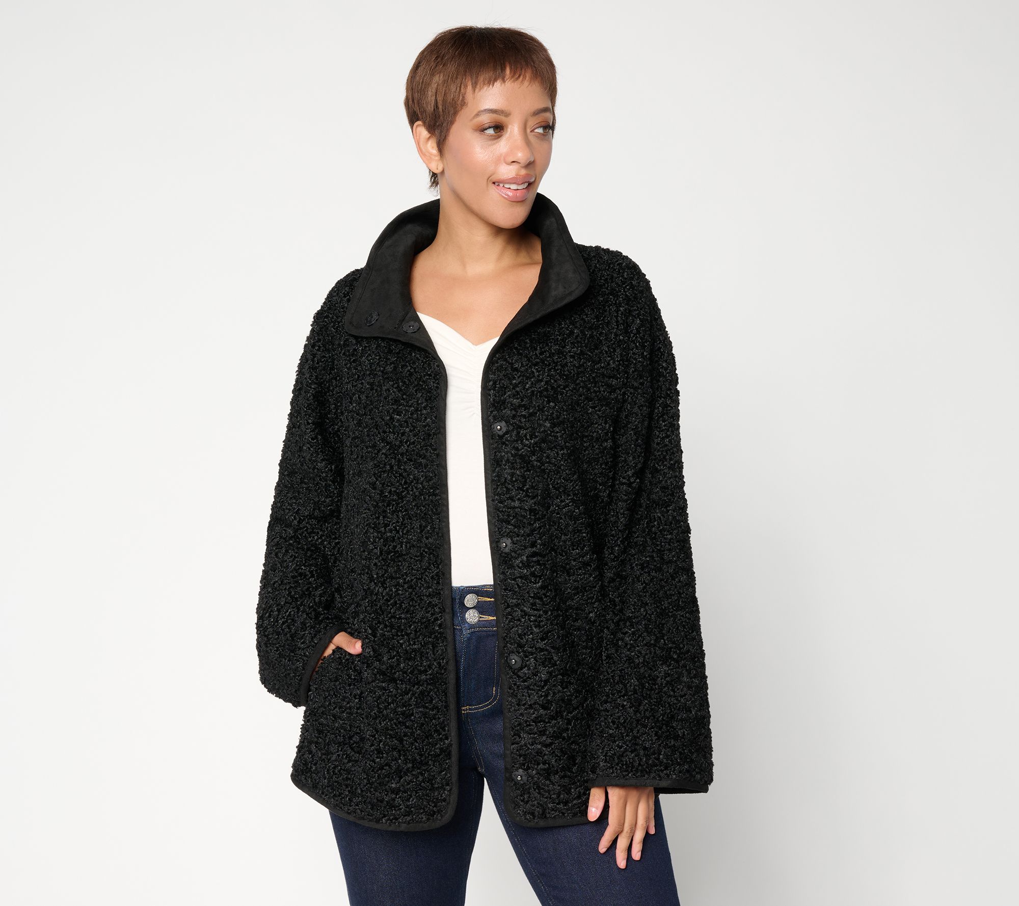Dennis Basso Regular Bonded Sherpa Snap Front Jacket