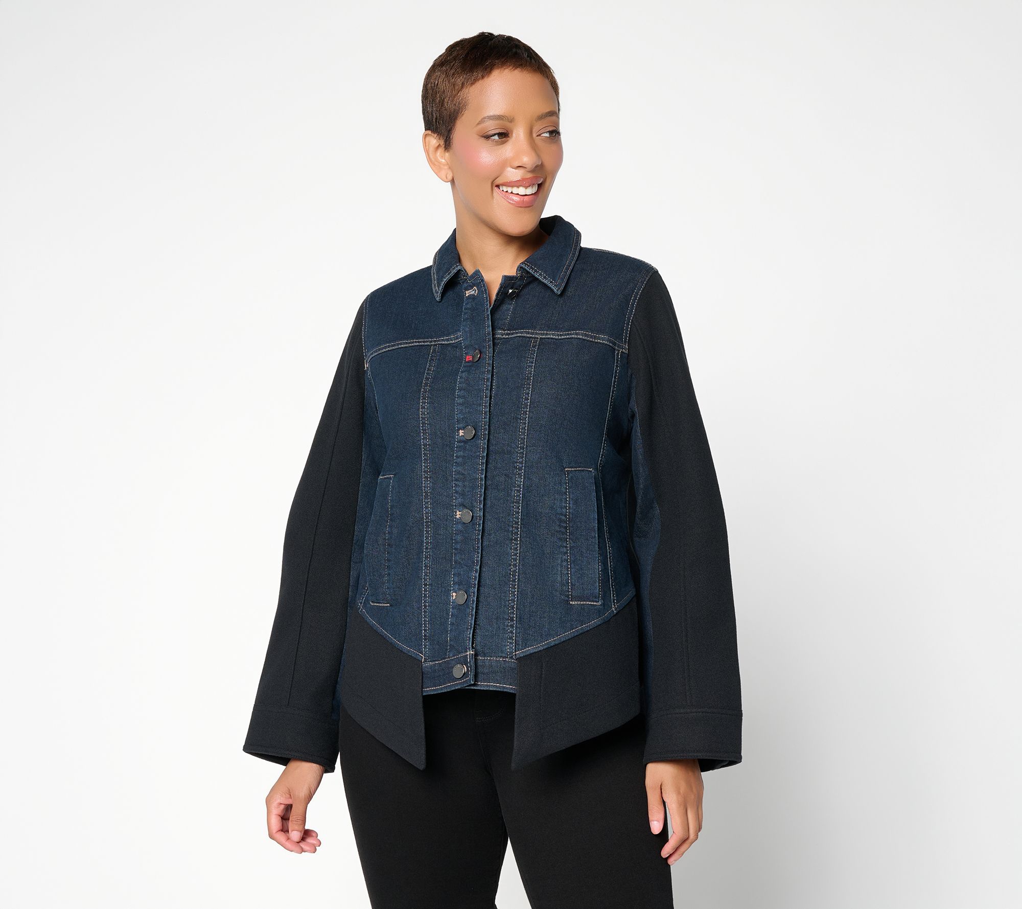 Peace Love World Long Sleeve Mixed Media Denim Jacket