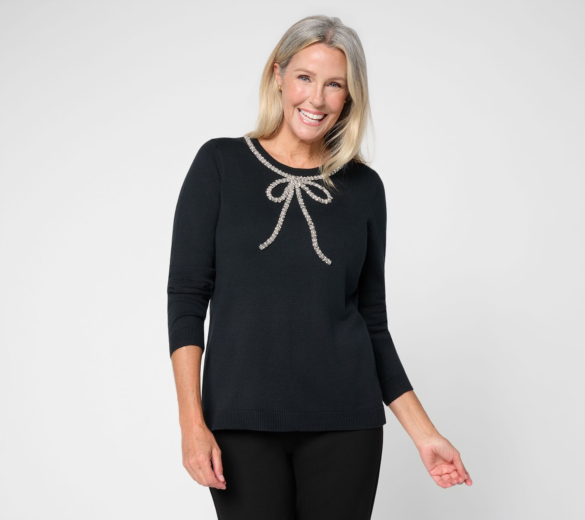 Joan Rivers Cotton Rayon Rhinestone Bow Sweater