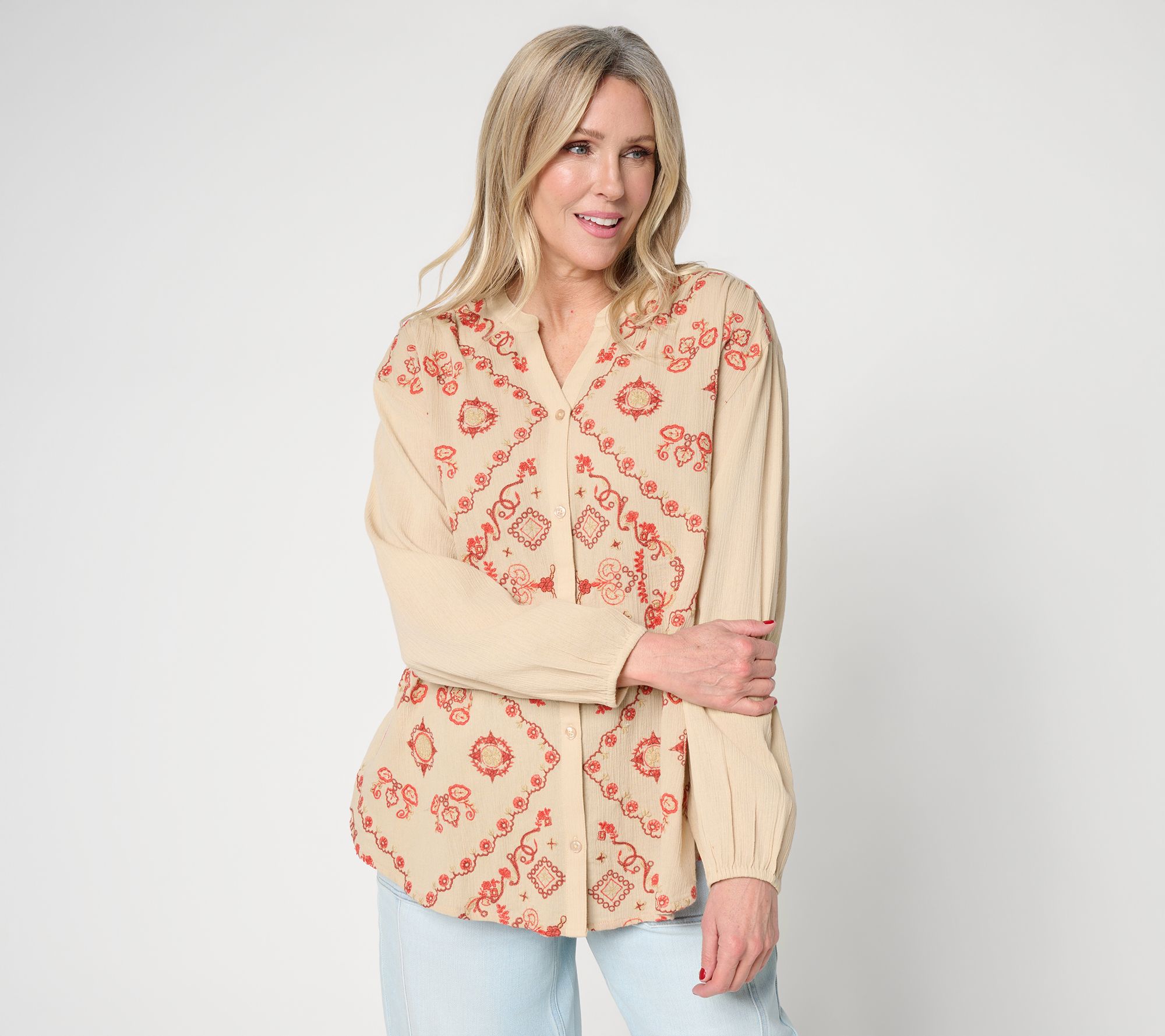 "As Is" LOGO Lavish by Lori Goldstein Embroidered Button Blouse