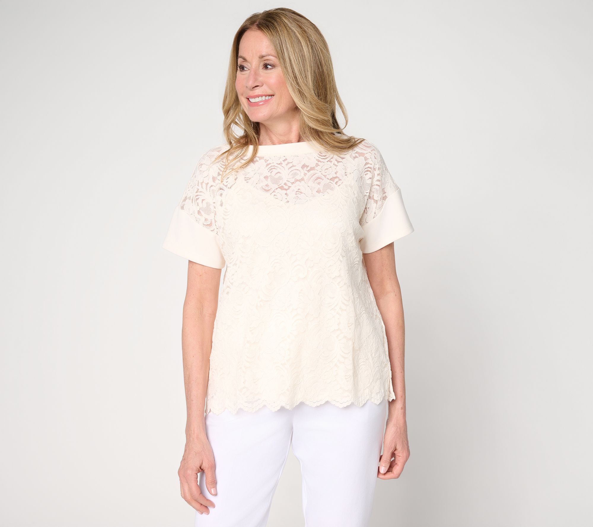 "As Is" BEAUTIFUL by Lawrence Zarian Knit Lace Crew Neck Top w/Tank