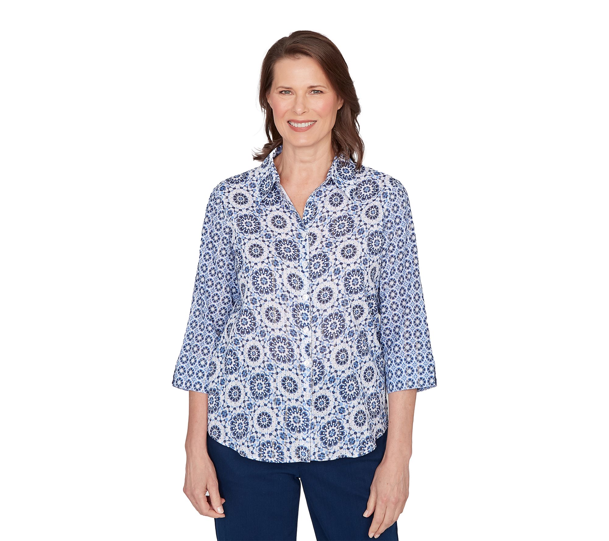 Alfred Dunner Women's Geometric Button Front Collared Top