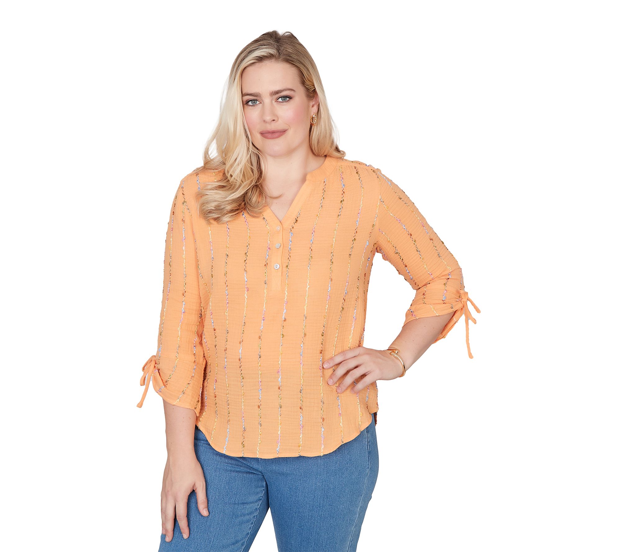Alfred Dunner Women's Textured Gauze Tie SleeveHenley Top